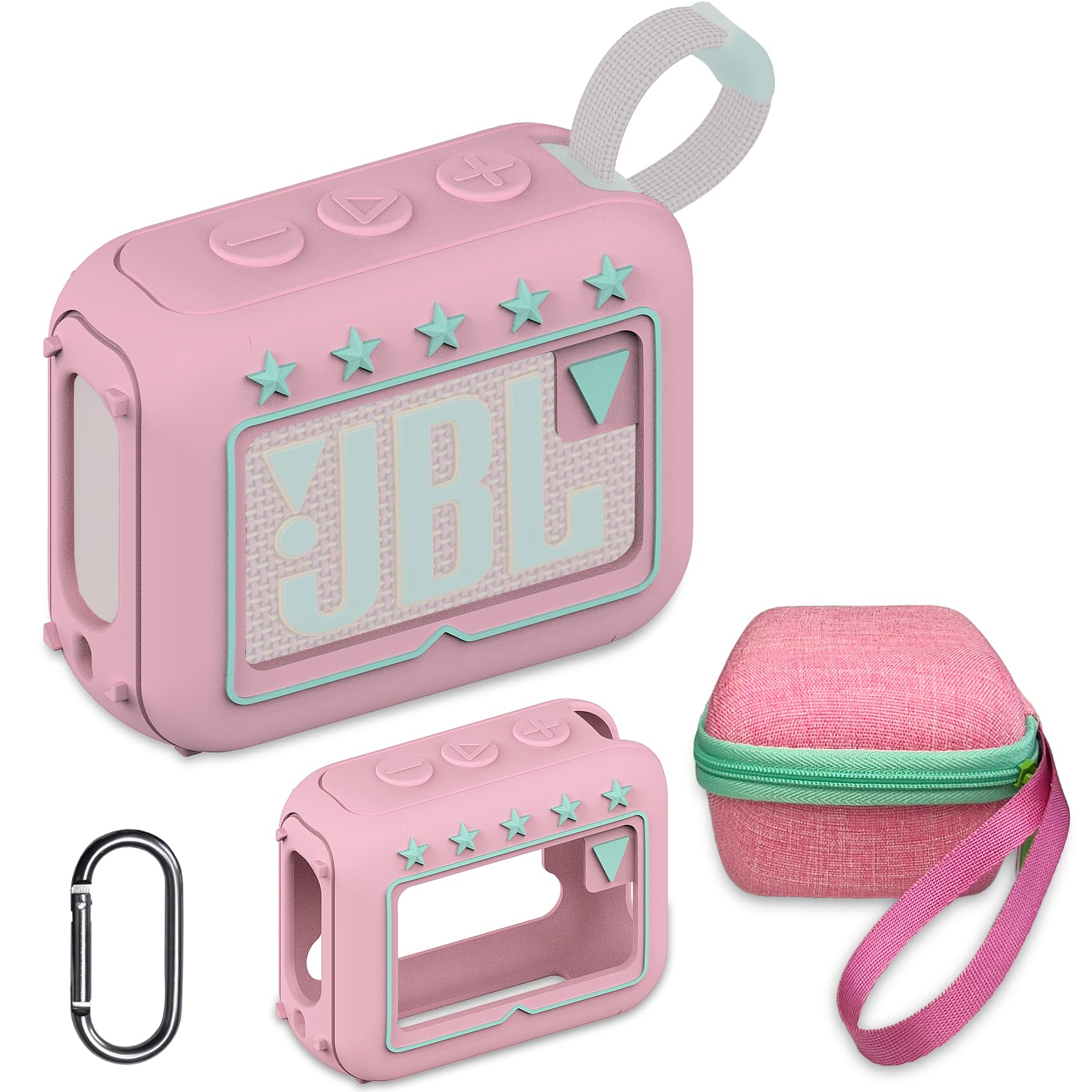 Silicone Cover and Hard Travel Case for JBL Go 4 Ultra Portable Bluetooth Speaker, Accessories for JBL Go 4 Pro Sound Bluetooth Speaker Stand Up Holder (Pink Case)