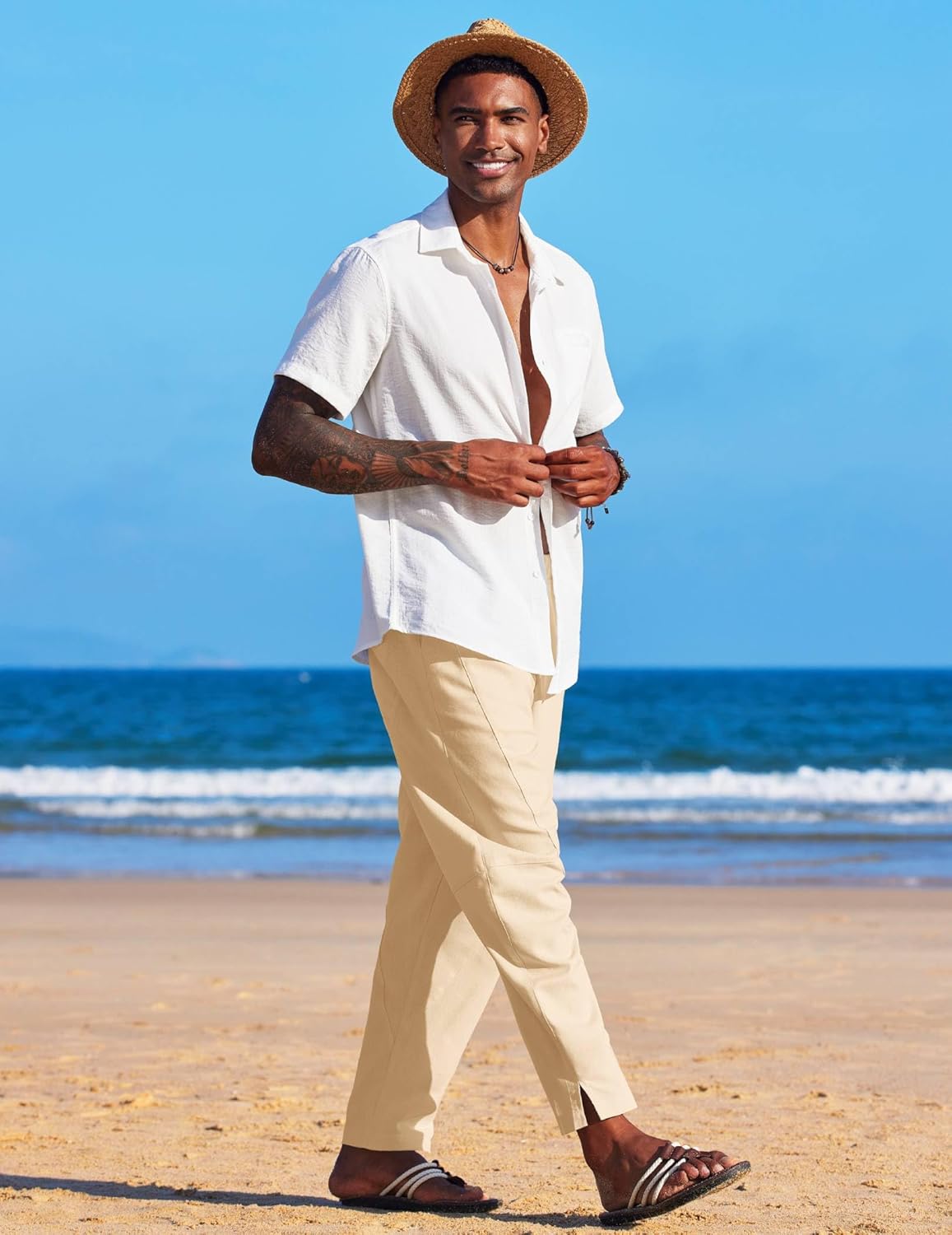 COOFANDY Men's Linen Harem Drawstring Pants Casual Elastic Waist Lightweight Trouser Hippie Summer Beach Yoga Pants - Image 4