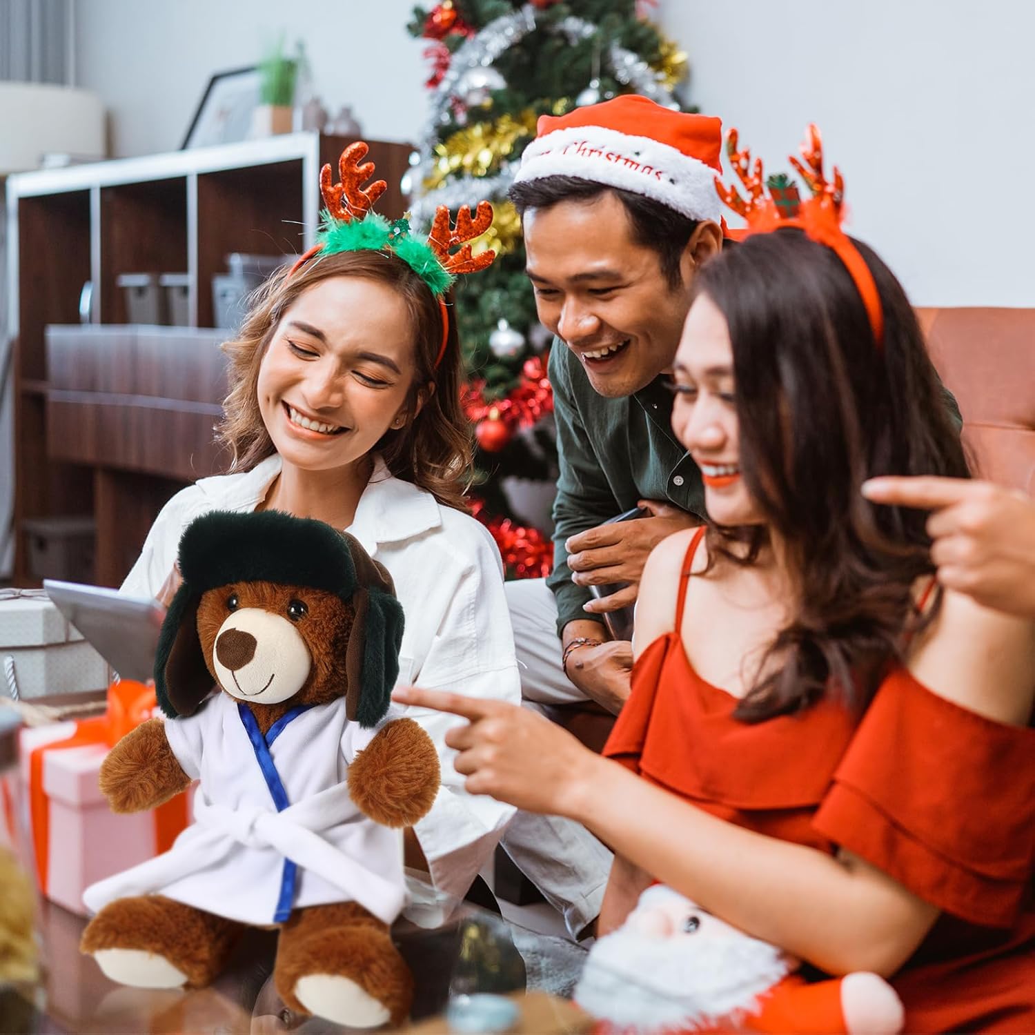 Winter Bear Clothes Stuffed Animal Clothes Accessories Vacation Robe with Belt Trapper Hat Orange Water Pipe Fit Most 12 -16 Inch Animal Plush Dolls (Bear Not Include)