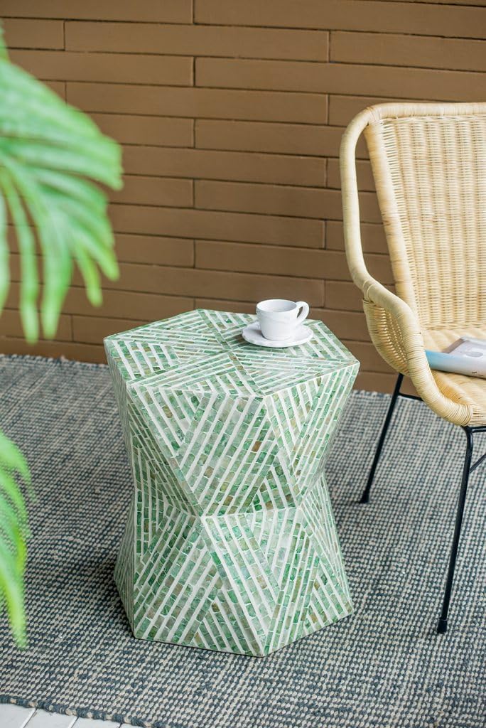 A&B Home Green Accent Stool - Geometric Shape, Small Coffee Table with Capiz Inlays, Modern Boho Decor Accent Stool, Bathroom Vanity Seat, Dining Chair, Garden Stool, Accent Furniture,19" x 20"