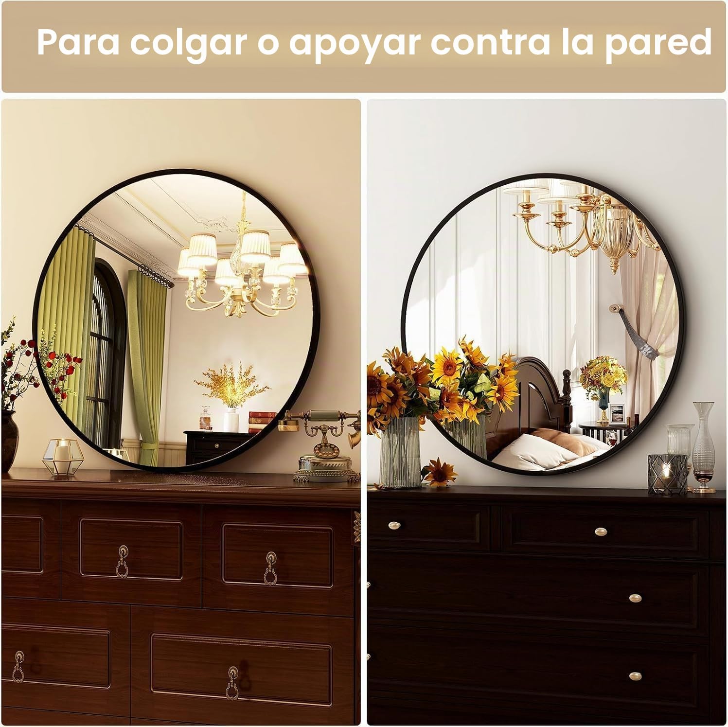 Espejo Redondo 70 cm, Espejos Decorativos de Pared con Marco de Aluminio, Espejos de Pared para Colgar, Espejo Decorativo Pared para Baño, Salón, Dormitorio y Recibidor