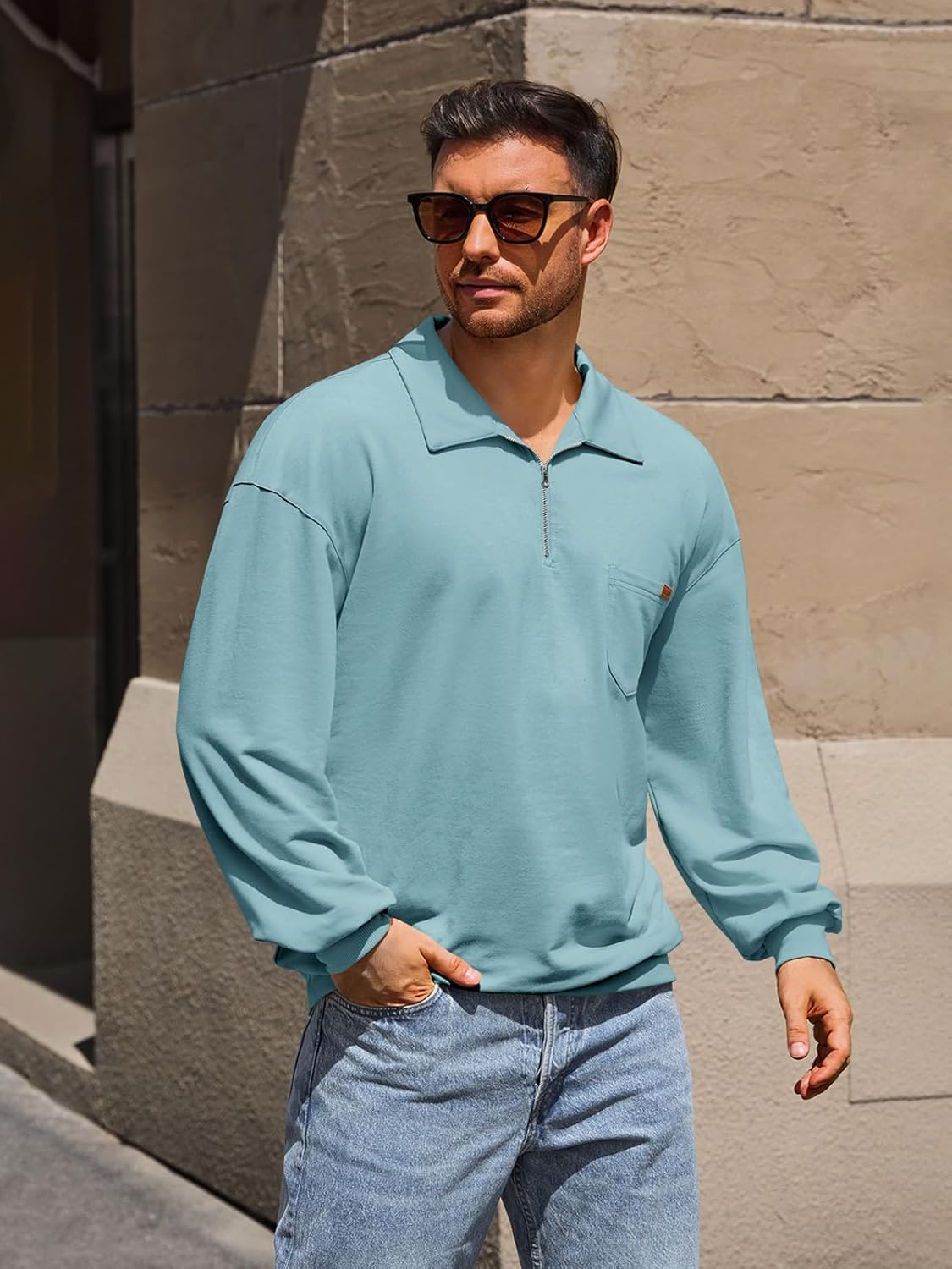 Yousify Men's Long Sleeve Polo Shirts Quarter Zip Casual Lightweight Cotton Pullover Top - Image 2