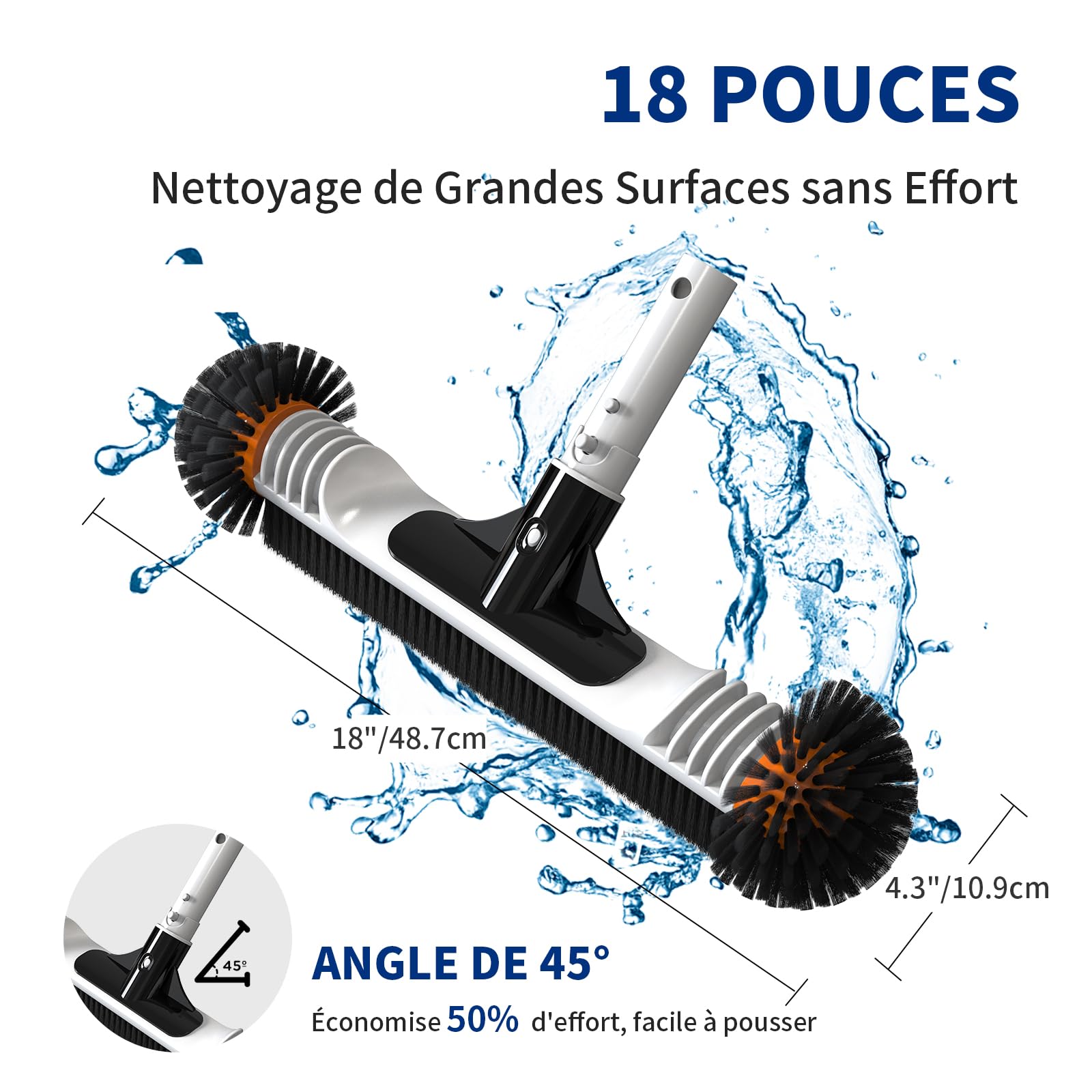 Tête de Brosse de Piscine Ronde, 45,7cm / 18″ Balai Piscine Brosse Robuste avec Poils Solides, Brosse de Nettoyage pour Carrelage, Murs & Coins Récalcitrants (sans Perche Télescopique)