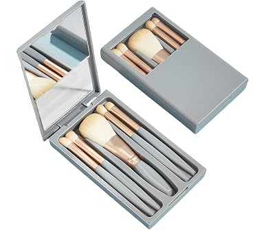 5 Piece Professional Makeup Brush Set with Mirror & Travel Case, Hypoallergenic, Vegan Hair, Sensitive Skin, Luxury Gift Box, Portable Cosmetic Kit for Brides, Travel, Touch Up on the Go 1