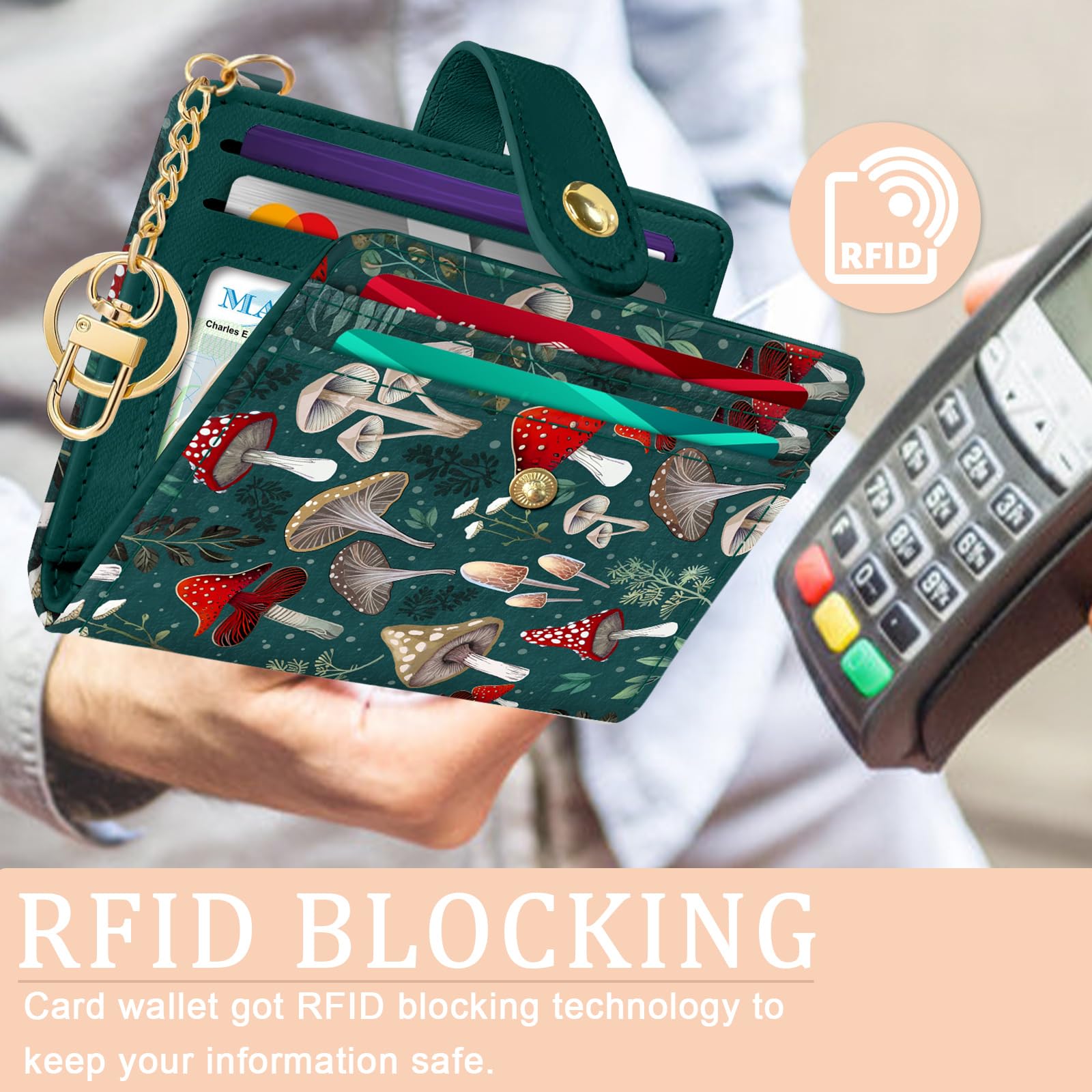 Jogjam Rfid Ladies Wallet, Small Slim Thin Compact Credit Card Women Wallet, PU Leather Bifold Cash Zipper Coin Pocket ID Window for Female: Mushroom Green