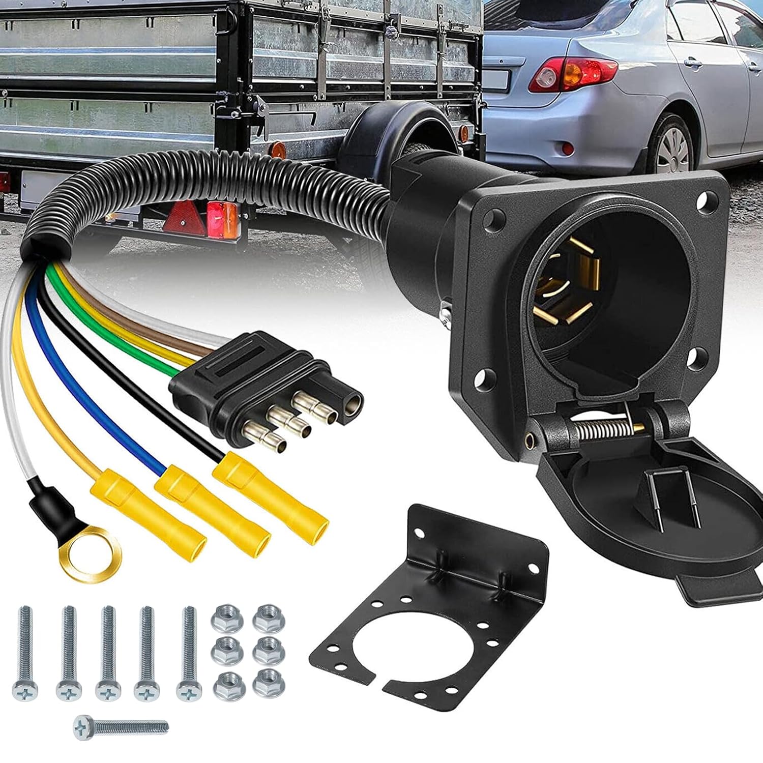 4-Pin to 7-Way Trailer Plug Adapter, 4 Way Flat to 7-Way RV Blade Trailer Wiring Harness Adapter W/Mounting Bracket Reverse Connector Brake Wire Universal Truck Caravan