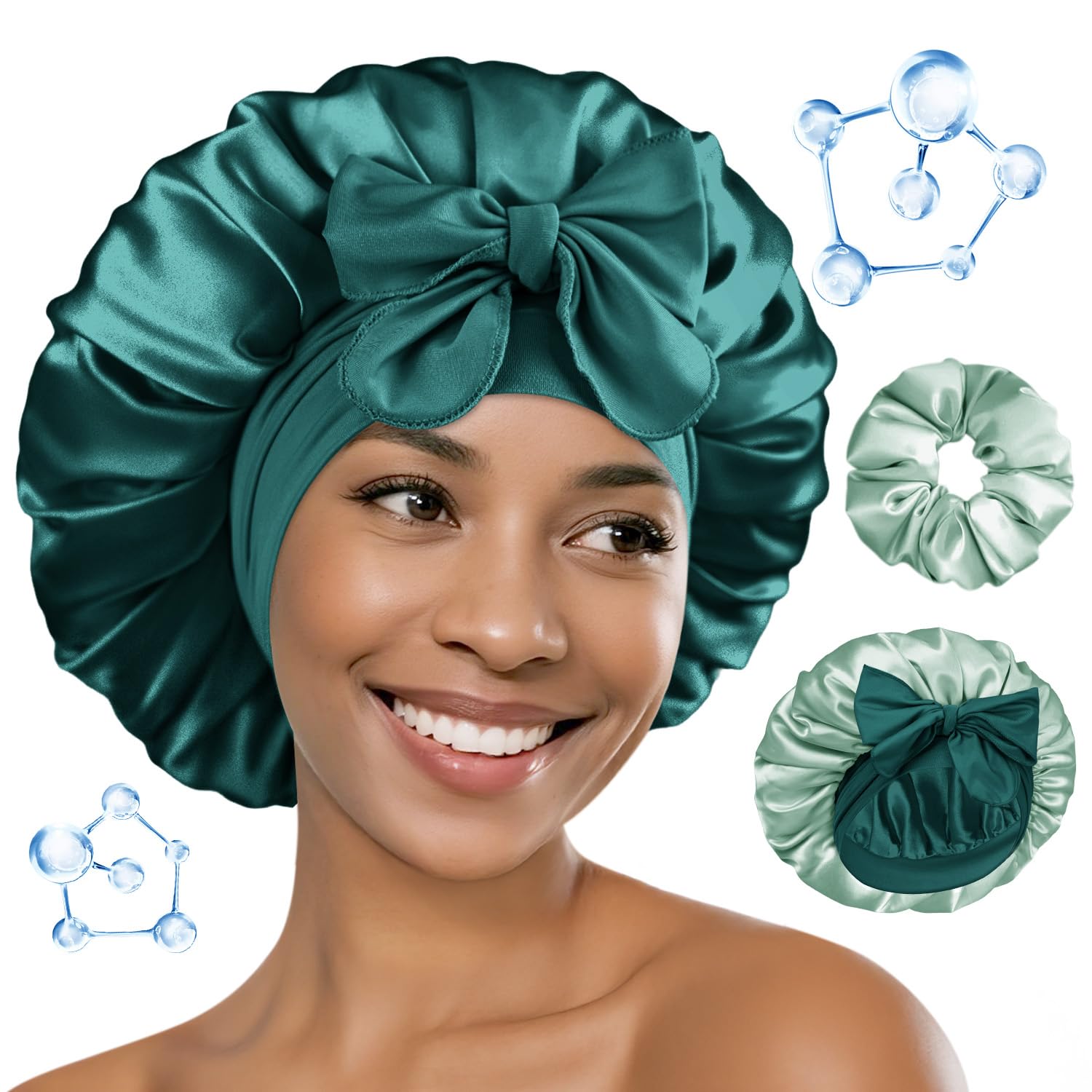 BONNET QUEEN Silk Bonnet for Sleeping Women HYALURONIC Acid Double Layer Satin Bonnet for Curly Hair with Tie Band Scrunchie