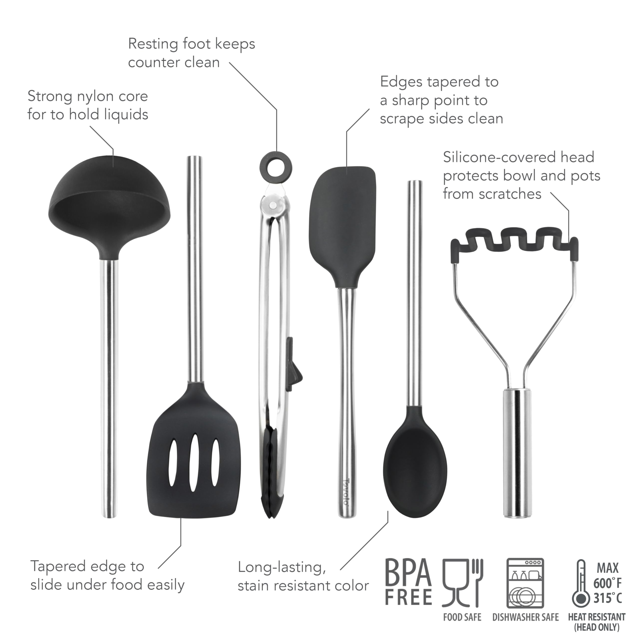 Tovolo 6-teiliges Premium-Silikonutensilien-Set (schwarz): Essentielle Küchenhelfer | Stabile Utensilien für Zuhause, Wohnung oder Studentenwohnheime