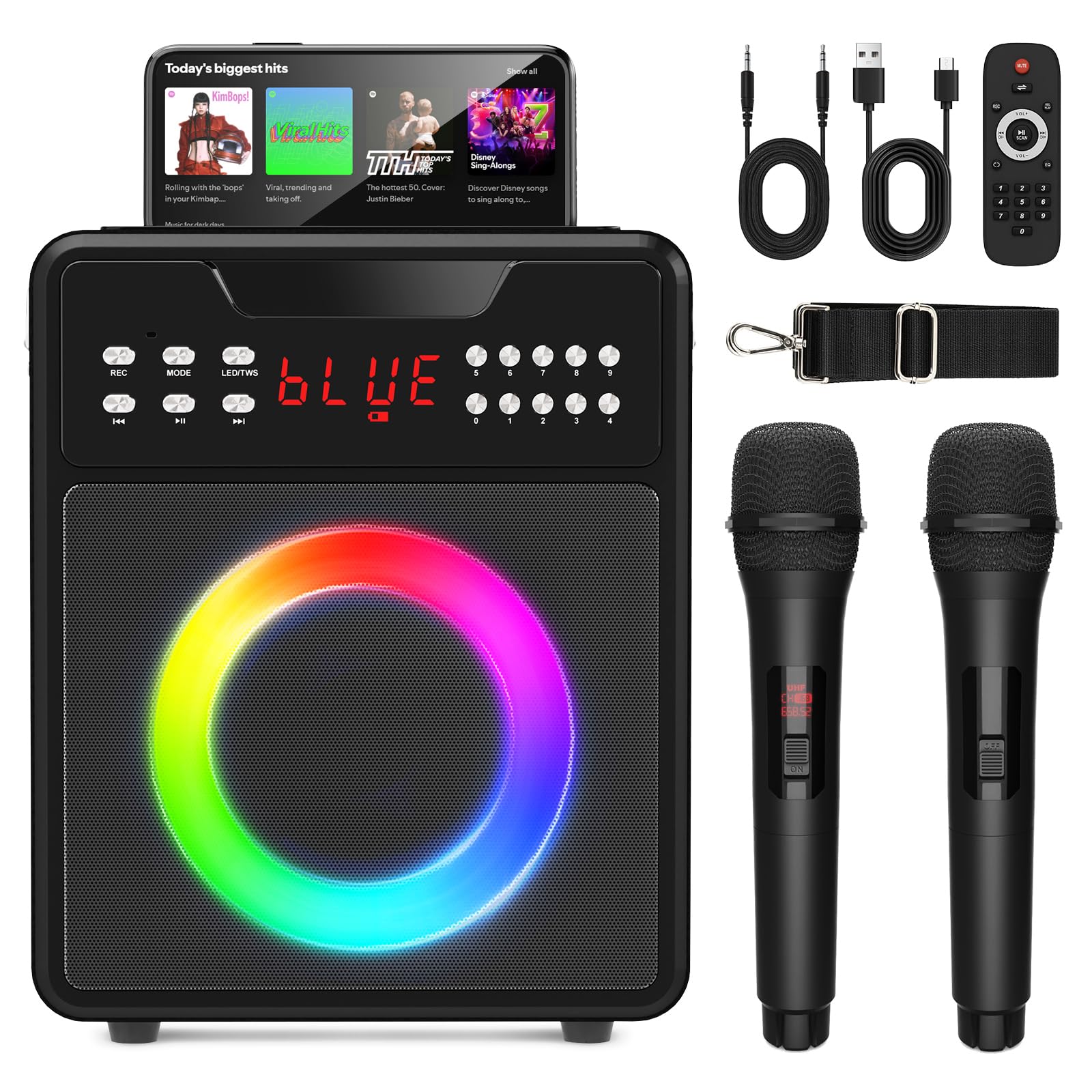 Máquina de karaoke para adultos y niños, máquina de karaoke portátil con 2 micrófonos inalámbricos, altavoz de karaoke con luces LED, soporta USB, entrada auxiliar, tarjeta TF para fiestas en casa y