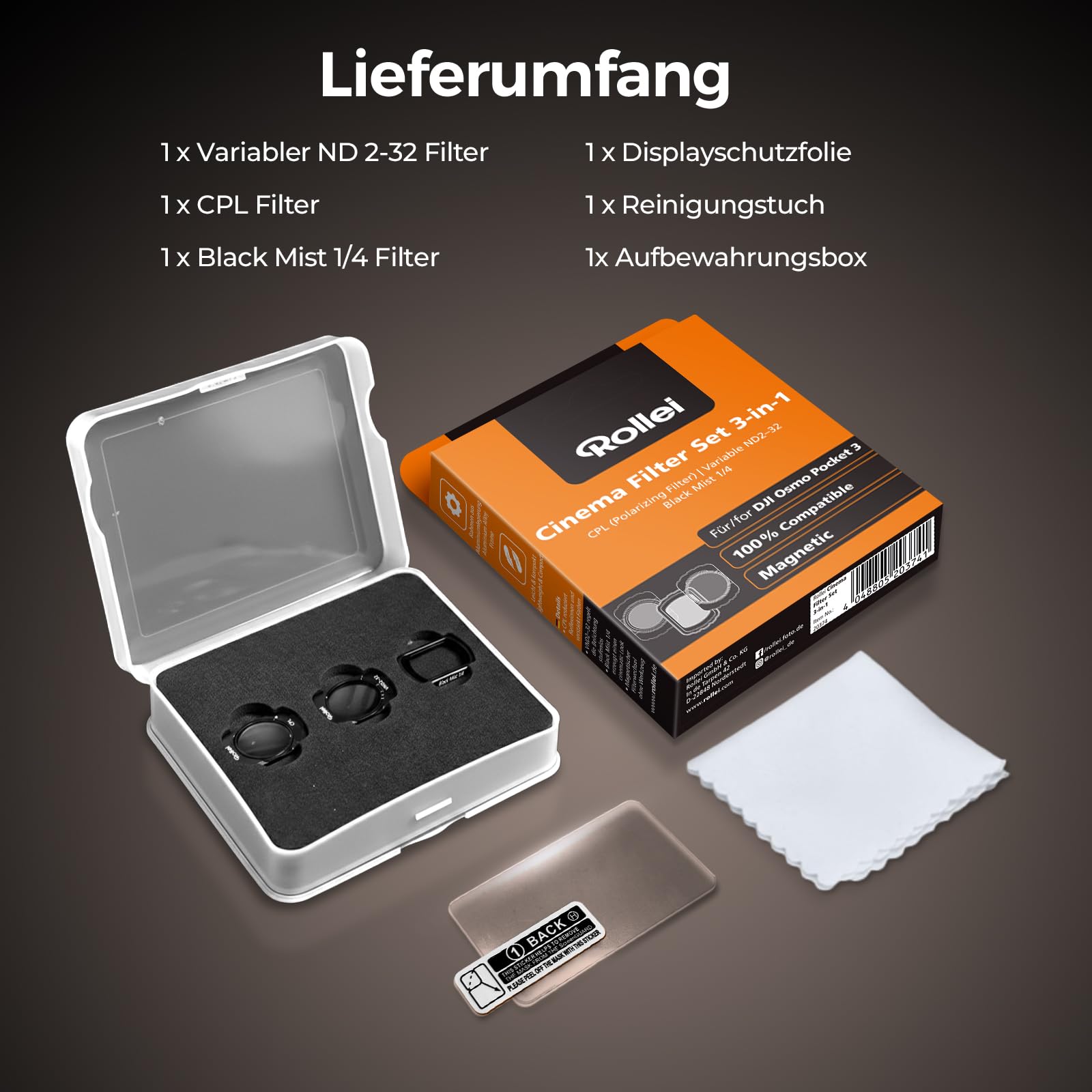 Rollei Magnetisches Filter Set Kompatibel mit DJI Osmo Pocket 3, Osmo Pocket 4, 3 in 1 Filters ND 2-32 + CPL + Black Mist 1/4 mit Optisches Glas Nano Beschichtungen, DJI-Pocket-3-4-Zubehör