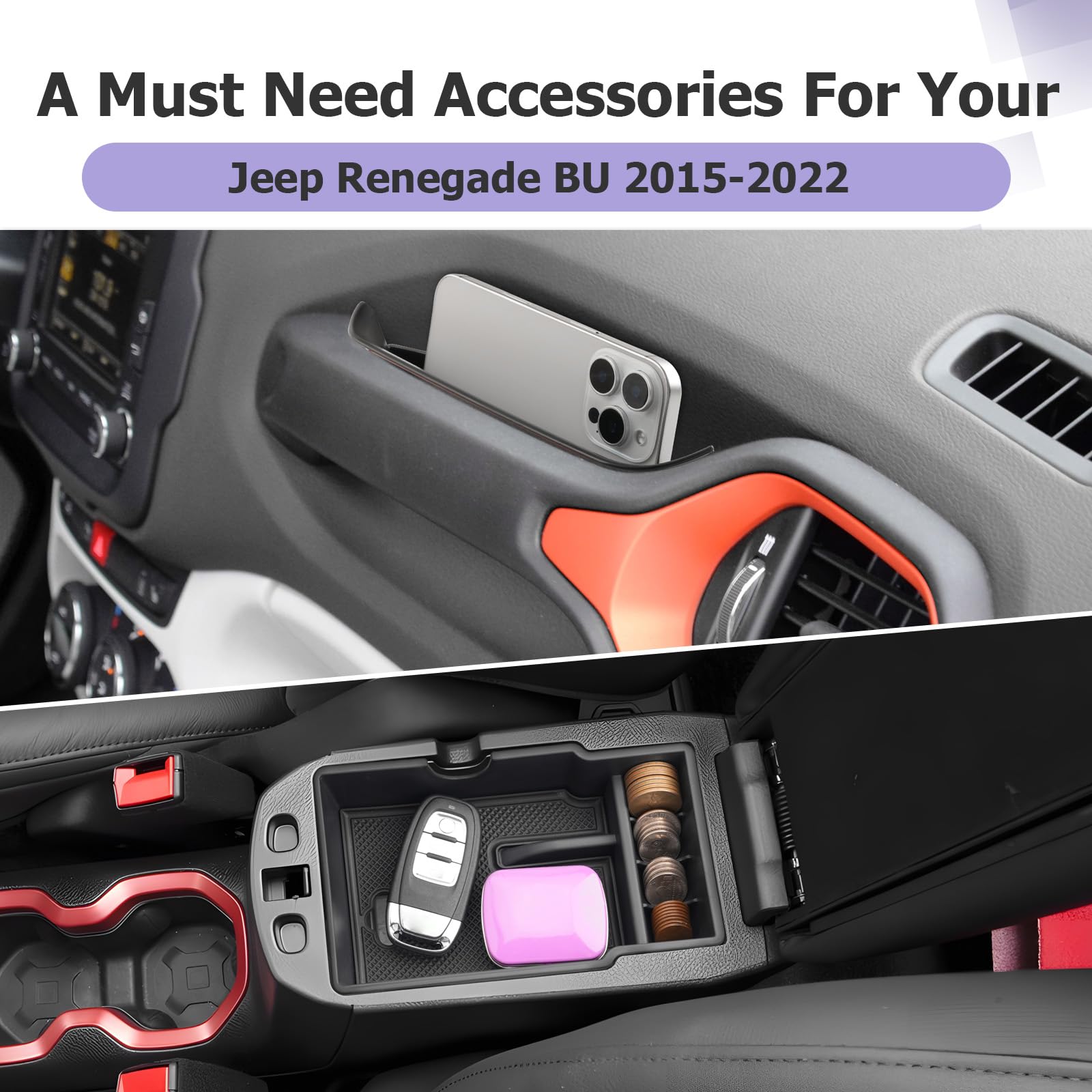 Compatibile con Jeep Renegade BU 2015-2024 2025 Consolle centrale portaoggetti + portaoggetti per portiera auto con tappetino antiscivolo Organizer per vano portaoggetti Renegade BU Accessori