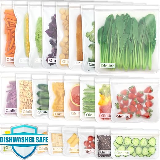 Qinline Reusable Food Storage Bags - 24 Pack BPA FREE Freezer Bags(8 Reusable Gallon Bags + 8 Leakproof Reusable Sandwich Bags + 8 Food Grade Snack Bags) EXTRA THICK Reusbale Lunch Bag for Salad Fruit