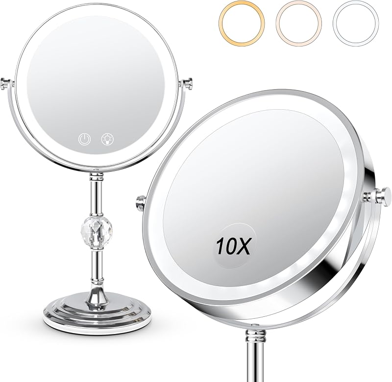 Espelho para maquiagem Fursourige com iluminação, dupla face 1x/10x, 3 cores, rotação de 360° e bateria de 4000mAh