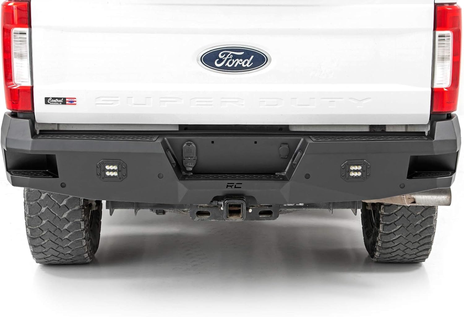 Rough Country Heavy Duty Rear LED Bumper for Ford F-250/F-350 SuperDuty (2017-2022) - Integrated Steps, Flush Mount LED Lights