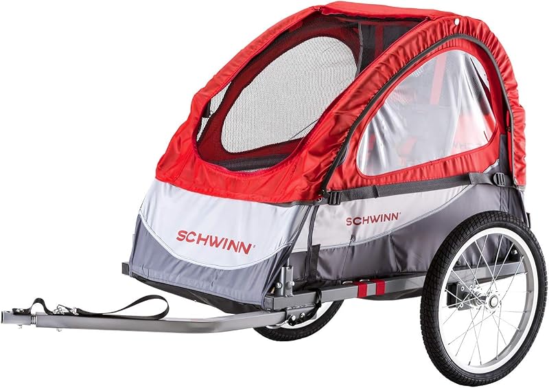 Remolque de bicicleta para niños Schwinn Trailblazer Plus, asiento individual, acoplador universal, marco plegable, ruedas de liberación rápida, toldo con pantalla contra insectos y protección contra la intemperie, remolque de bicicleta Schwinn para niños