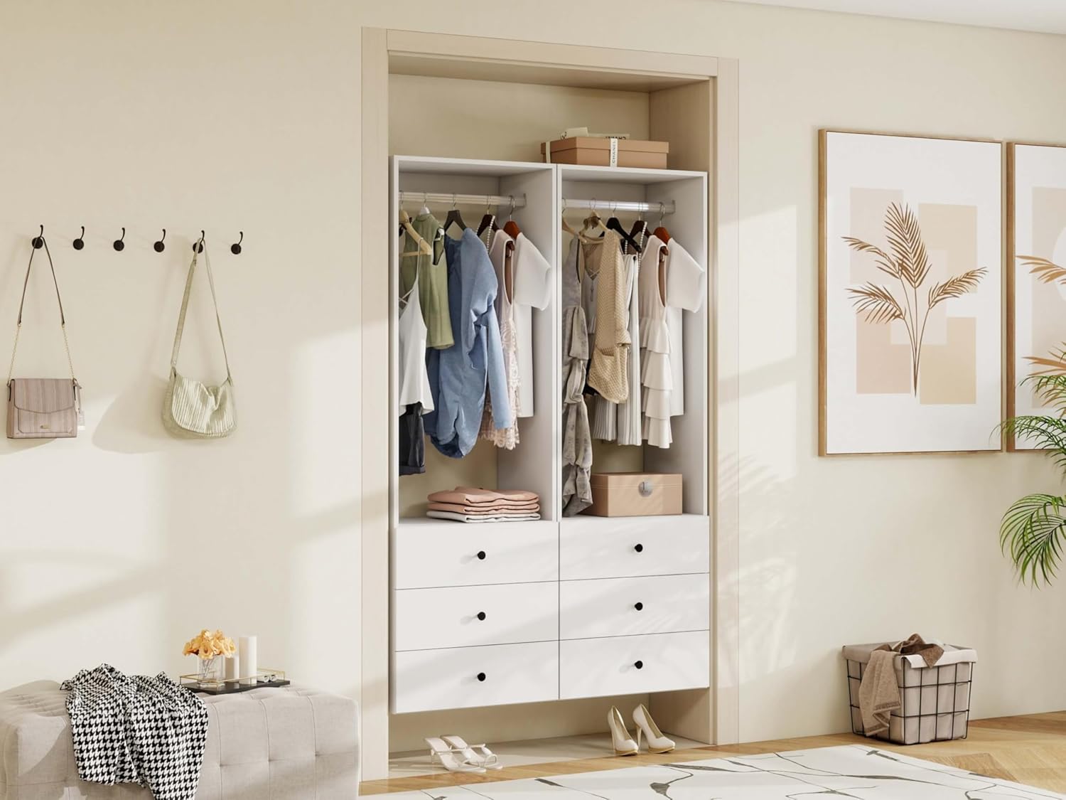 Wooden Modular Closet System, 71"H Closet Organizer and Storage for Walk in Closet, Built-in Closet System with Closet Shelves Wall Mounted & Closet Drawers(A6A6,White)