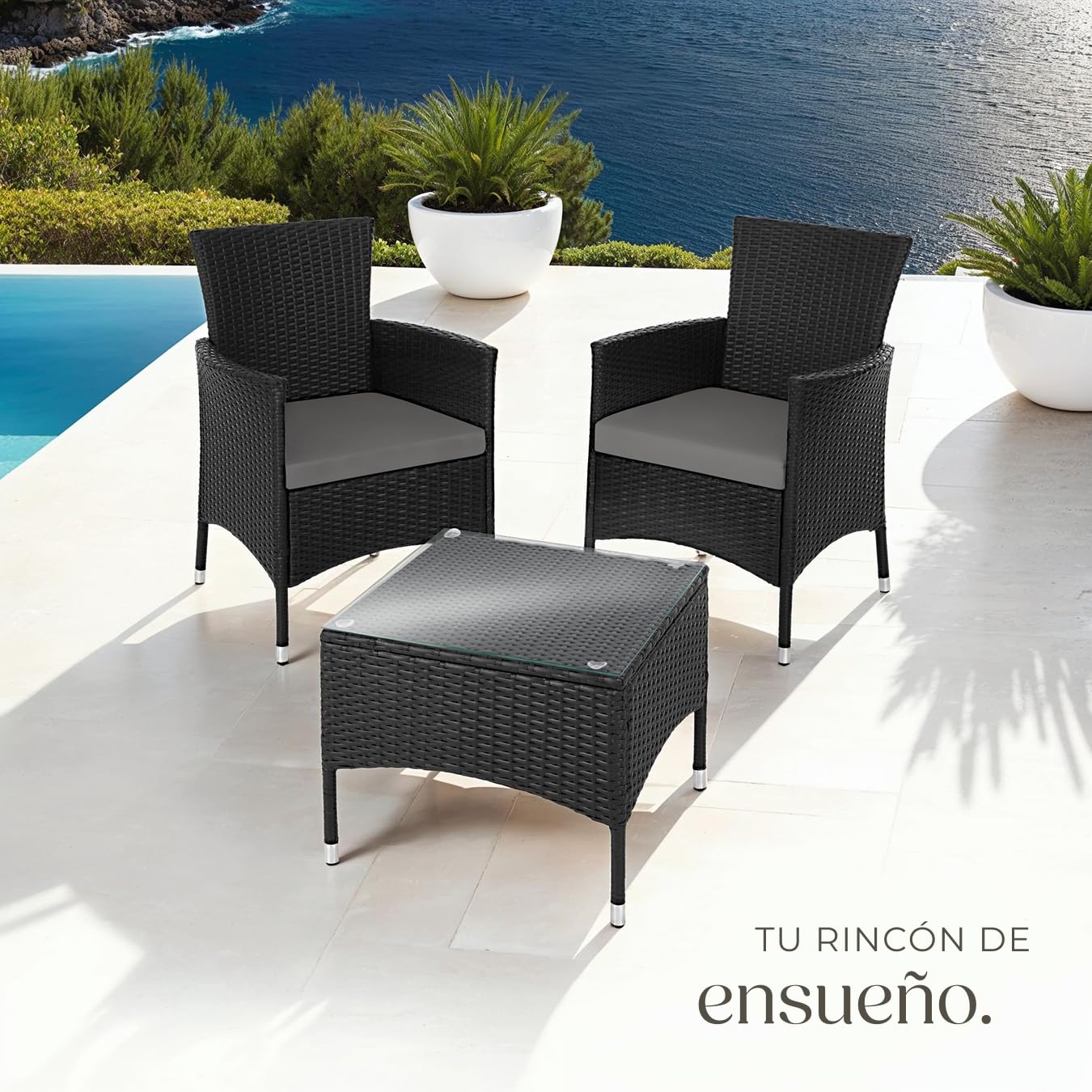 tectake® Conjunto Jardín Exterior de Ratán y Acero para 2 Personas, Muebles Jardín Exterior Resistentes a Intemperie, 2 Sillones y 1 Mesa Cristal, Fácil Montaje y Limpieza, Incl. 4 Fundas - Negro