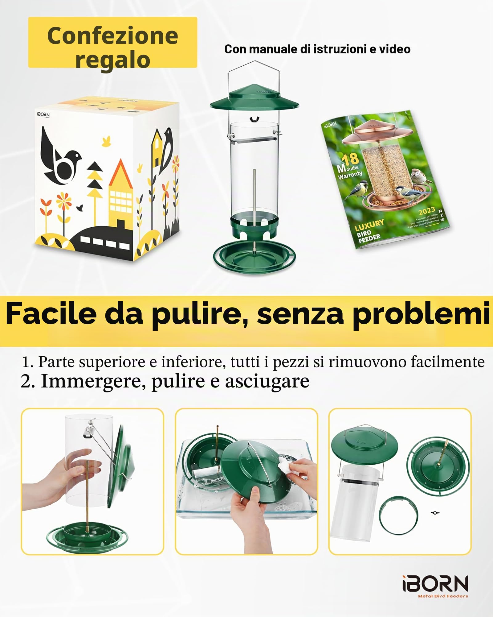 iBorn Mangiatoia per uccelli in metallo da appendere all'aperto, mangiatoie per uccelli selvatici per cardinali, 18 cm, grande tetto e vassoio verde a 6 porte (semi non inclusi)