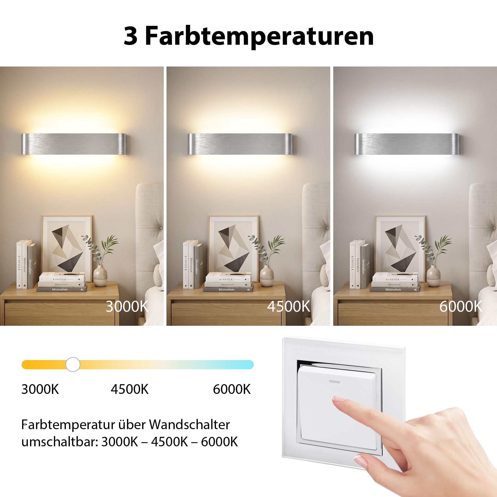 OOWOLF 40CM Applique da Parete Interna 2 Pezzi, Temperatura di Colore Regolabile, 16W Alluminio Effetto Spazzolato – Lampada Moderna per Camera, Soggiorno e Cucina