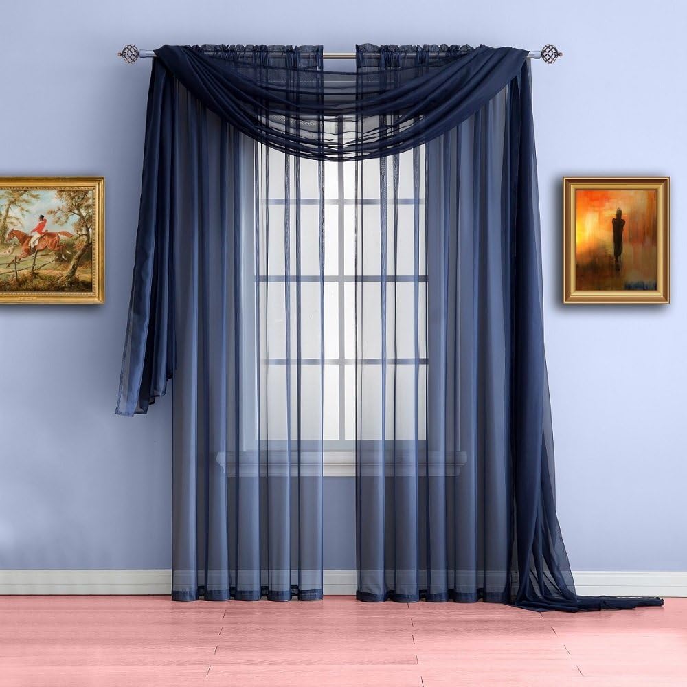 Warm Home Designs Extra Long 56" x 216" Navy Blue Sheer Window Scarf and 56" x 84" Navy Sheer Curtains Bundle. Buy Together to Created A Classic Look Shown On The Photo & Save with Bundle Discount