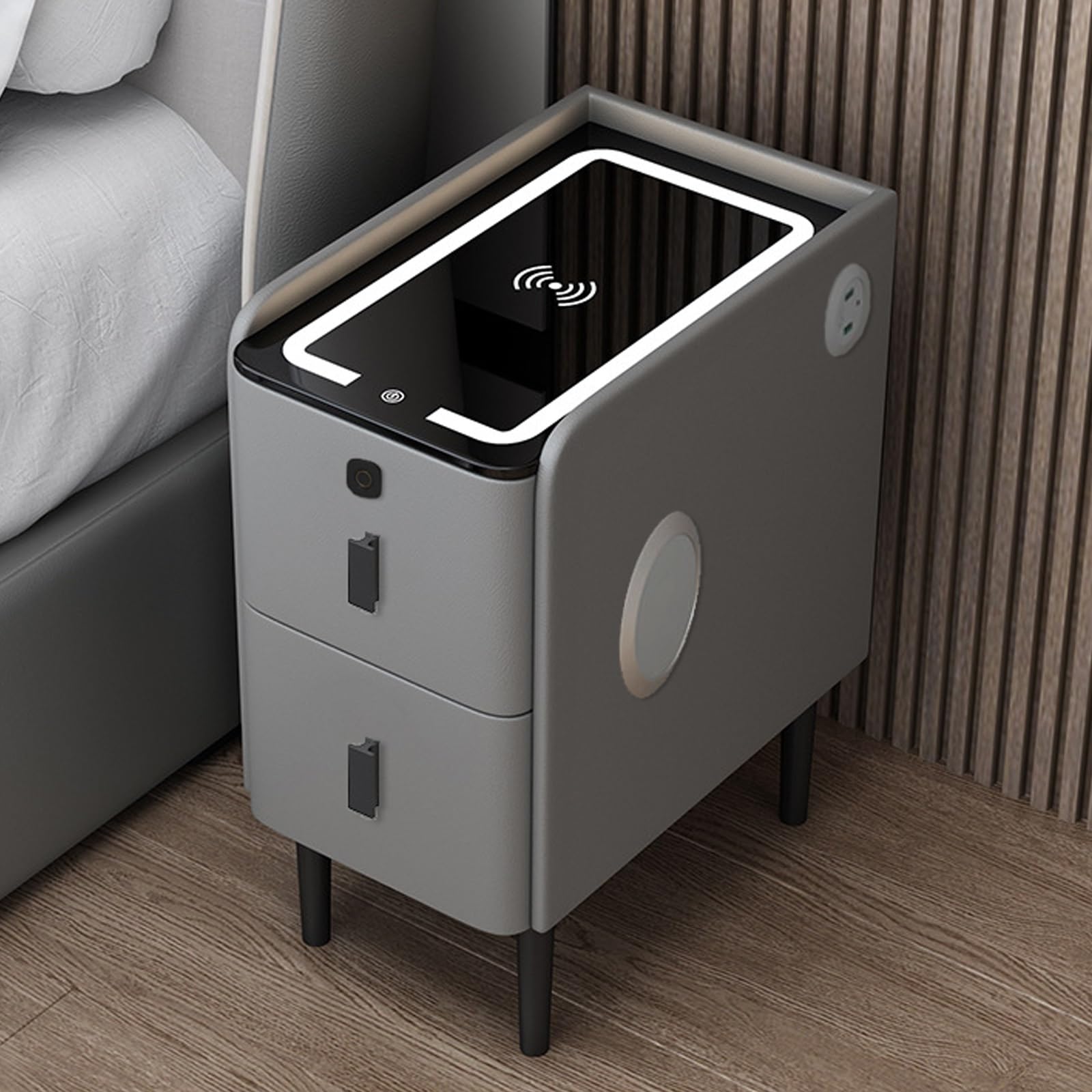 Smart Bedside End Table With Storage Drawer and LED Light - Small Nightstand for Bedroom With USB Charging Port - Narrow White Modern Furniture