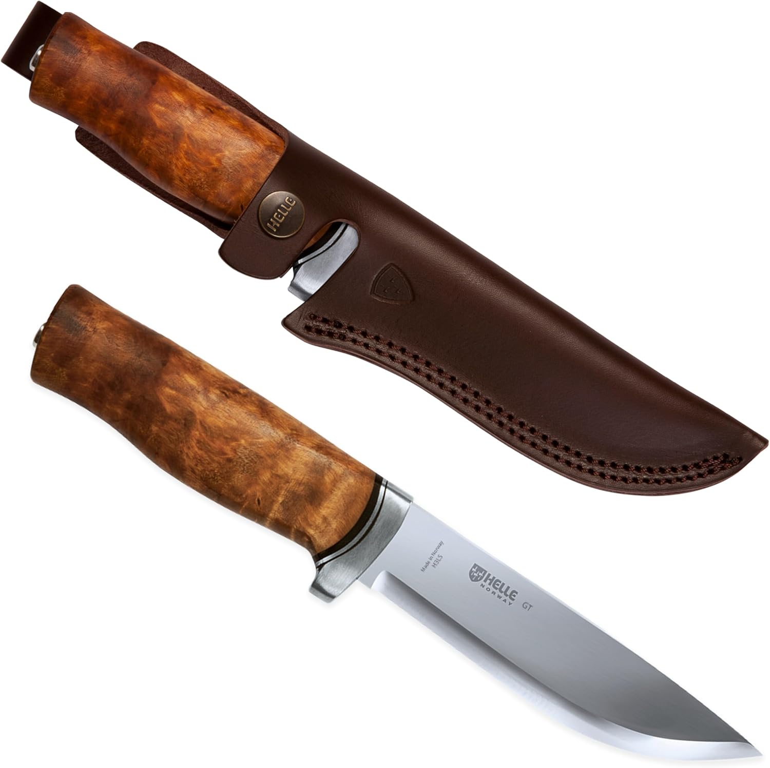 HELLE Knives - GT -Triple Laminated Stainless Steel, Outdoor Camping Knife, Stick Tang Fixed Blade with Sheath, Curly Birch Handle, Made in Norway