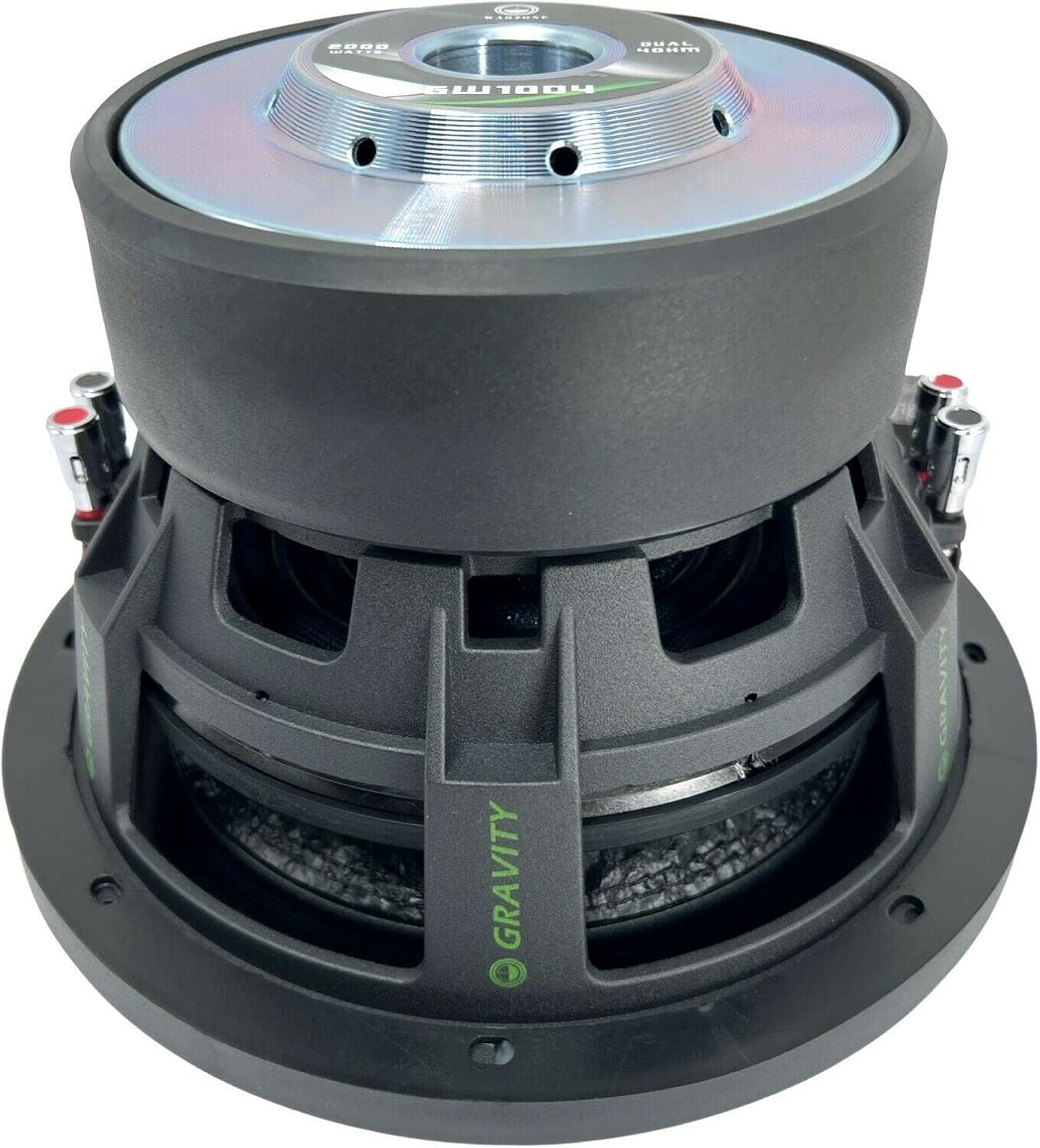 Bund view of the Gravity 10-inch subwoofer, showing the magnet structure and terminals.