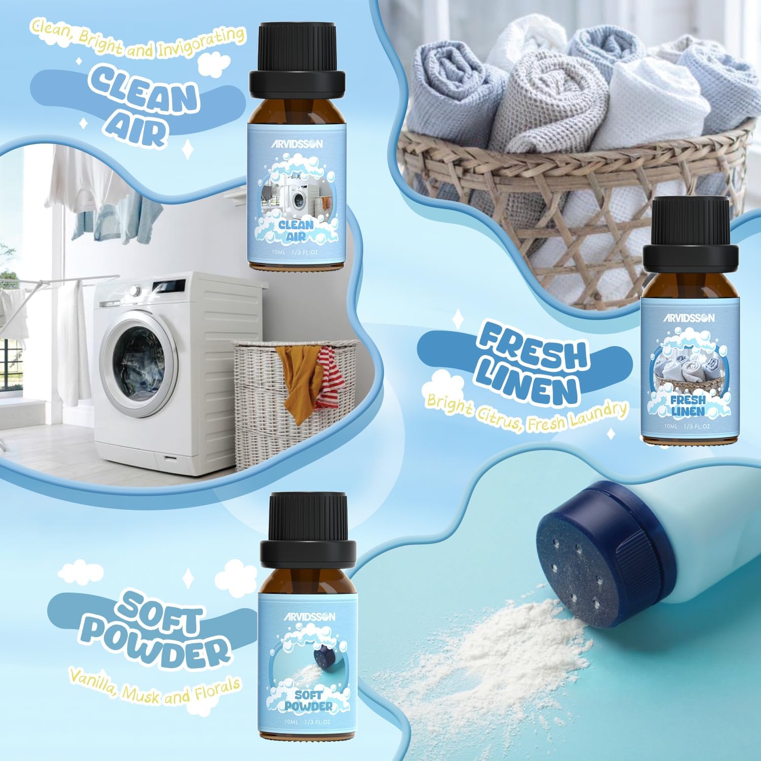 ARVIDSSON Clean Essential Oils Set, Natural Fragrance Oil for Diffuser, Soap Making - Fresh Linen, Clean Home, Fresh Cotton, Soft Powder, Blossom Soap, Lemongrass, Refreshing Scented Oils for Home - Image 3