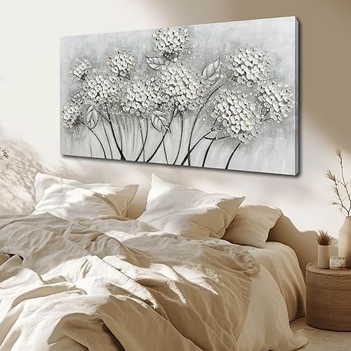 Miniatura 3 de Arte de pared de flores blancas, arte impreso en lienzo, cuadros botánicos para dormitorio, decoración de pared pintada a mano, pintura floral,