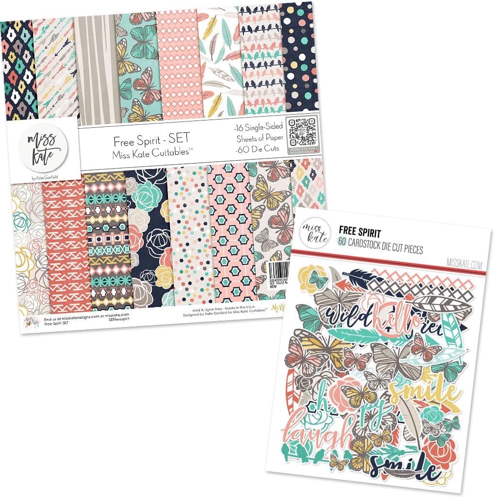 Die Cuts & Paper Set - Free Spirit - by Miss Kate Cuttables - 16 Single - Sided 12"x12" Specialty Paper Sheets & Over 60 Coordinating Die Cuts