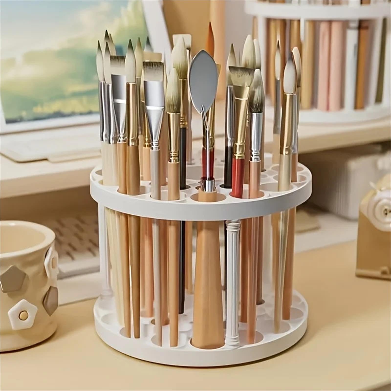 Organizer da Scrivania Rotante Portaspazzole rotante | Elegante organizer in plastica bianca for pennelli artistici, salvaspazio con finitura satinata