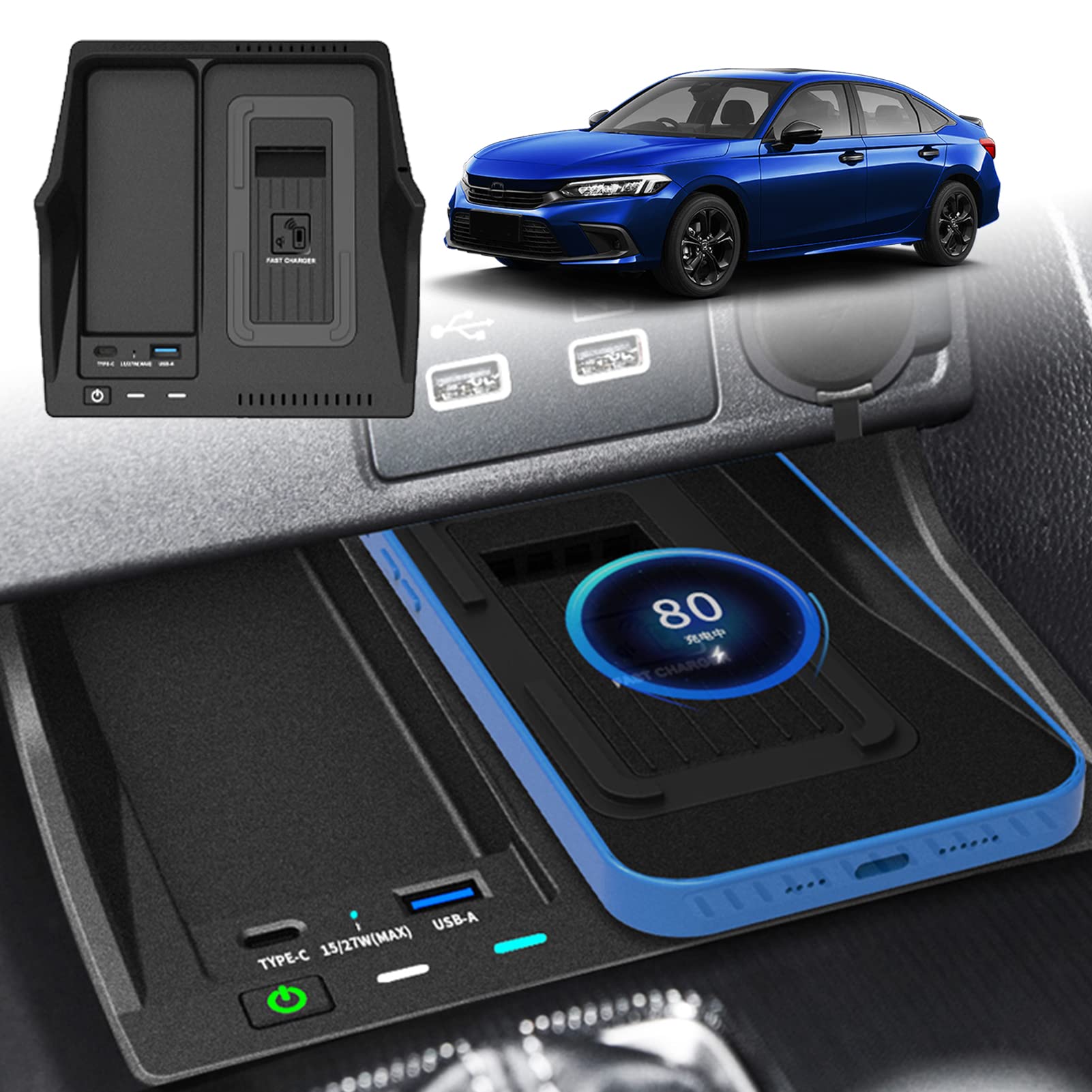 2022 ulepszona bezprzewodowa ładowarka samochodowa, szybkie ładowanie Qi 15 W do Hondy Civic Hatchback Si Coupe typu R 2022 z portami USB, wielokrotna ochrona, pasuje do iPhone'a