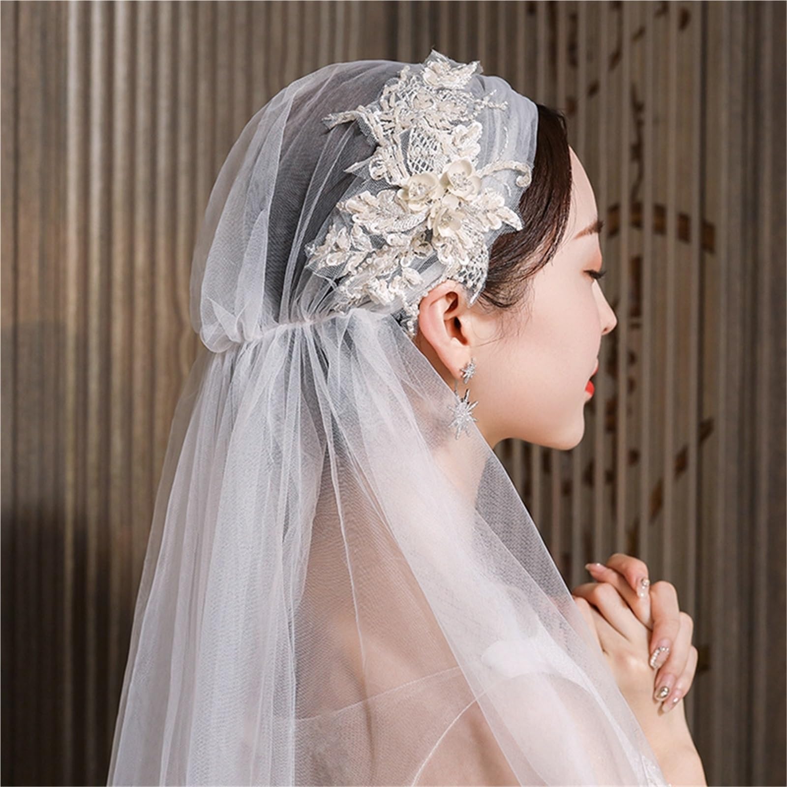 Velo da sposa punta delle dita con bordo decorato con perline – Velo da sposa in poliestere a 1 strato for accessori da sposa dal design elegante