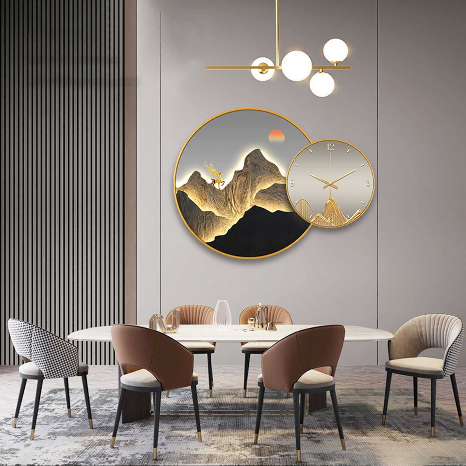 TYUHDUYUR Modern Wall Clock Silent Non Ticking Wood Wall Clocks Battery Operated, Elk Mountain Pattern Wall Clocks for Living Room Home Decor (A 95CM/37.4IN) (A 95CM/37.4IN)