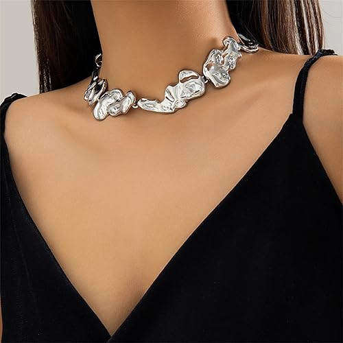 KOLODOGO Gold Plated Irregular Lava Choker Necklace and Earrings Set Chunky Statement Necklace Punk Jewelry Set Gold Plated Chain Pendant Necklace for Women(Set Silver)