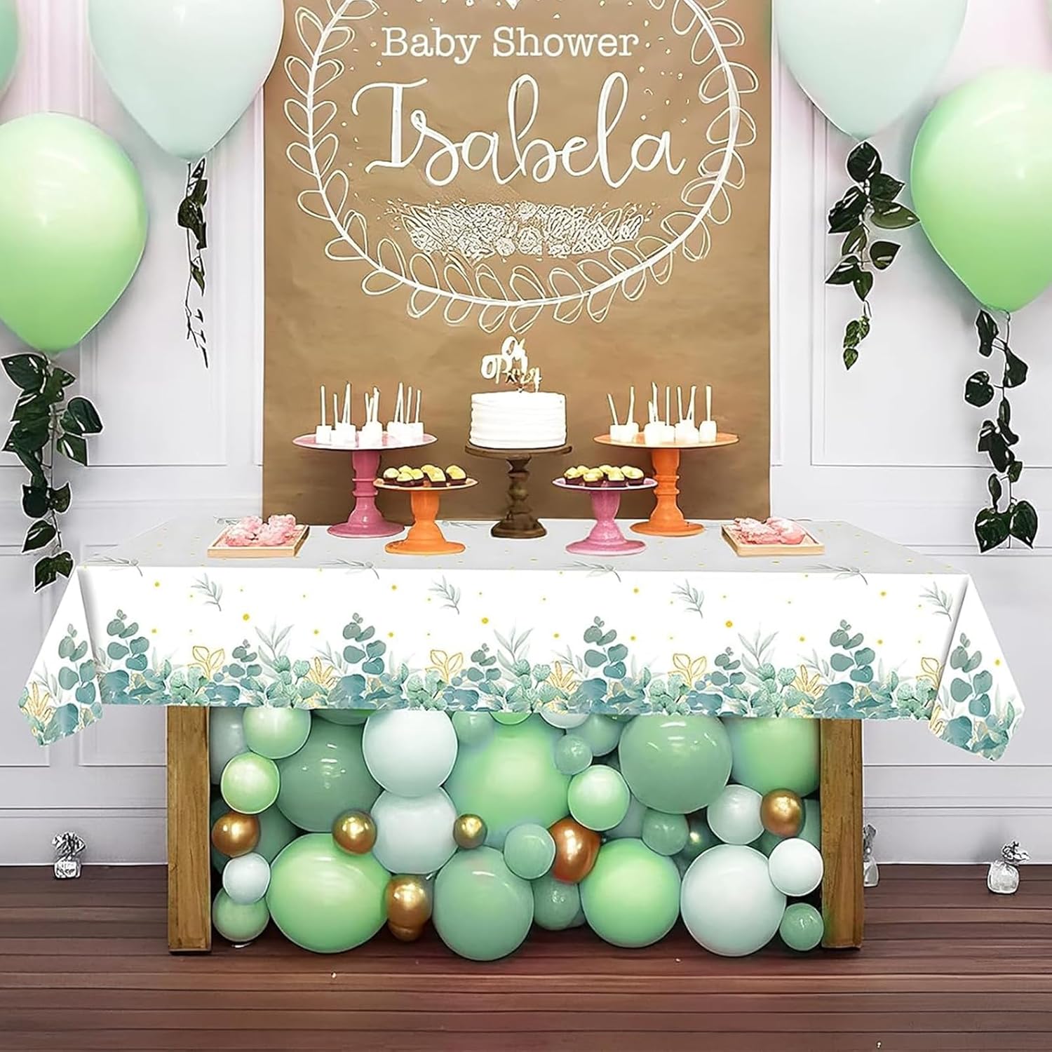 OQOQ Sage Green and Gold Party Table Cloth(2 Packs), 54x108 Inch Sage and Gold Dot Disposable Tablecloth Plastic Rectangle Table Cover for Baby Shower Birthday Wedding Party Decorations