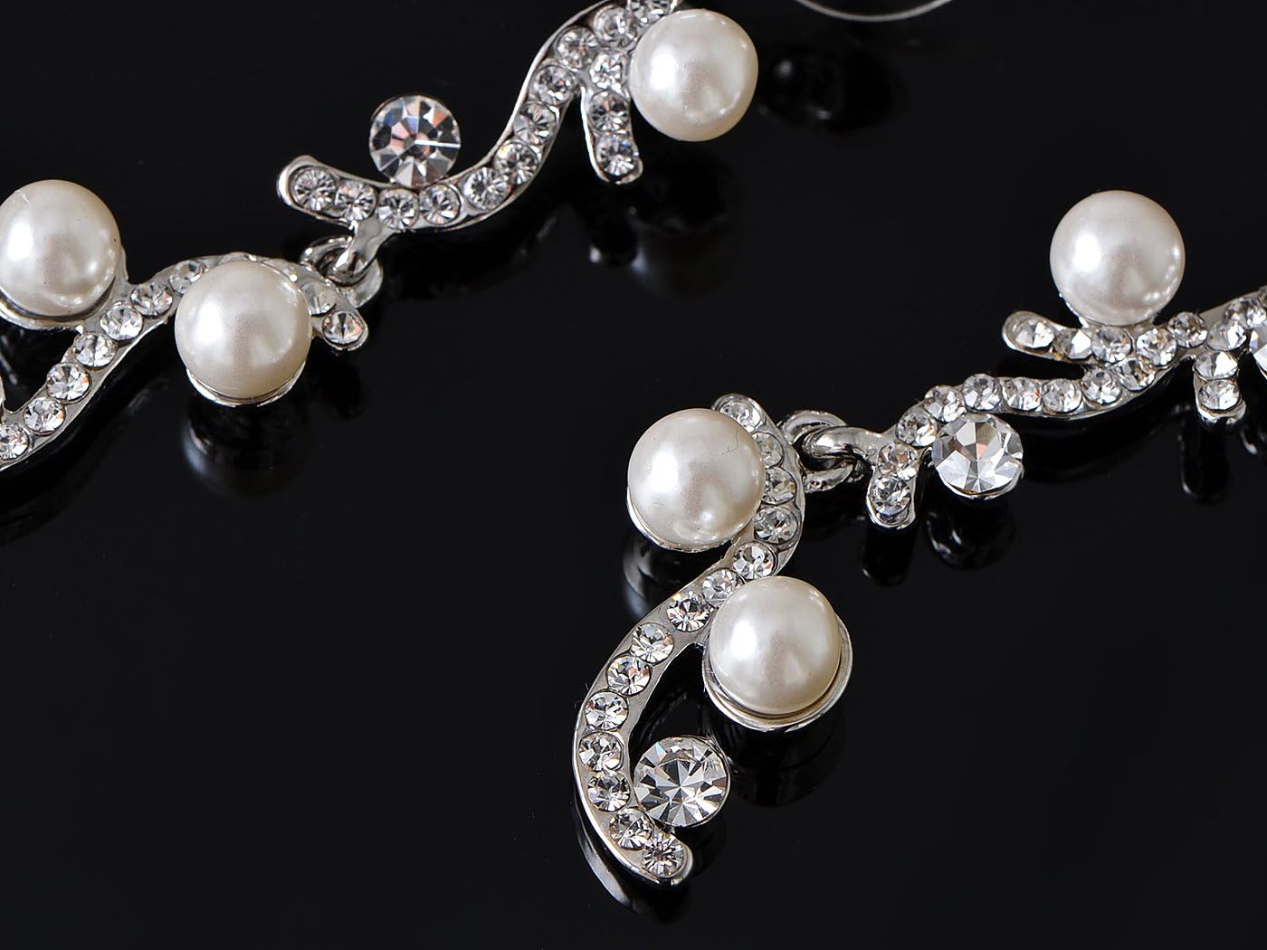 Alilang Silver Tone S-shape Faux Pearl Bead Clear Crystal Rhinestone Necklace Bracelet Earrings Jewelry Set