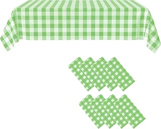 8 Pack Green Gingham Disposable Plastic Tablecloths, 54 x 108 Inch | Green and white checkered rectangle table covers for outdoor dining, picnics, camping and backyard gatherings