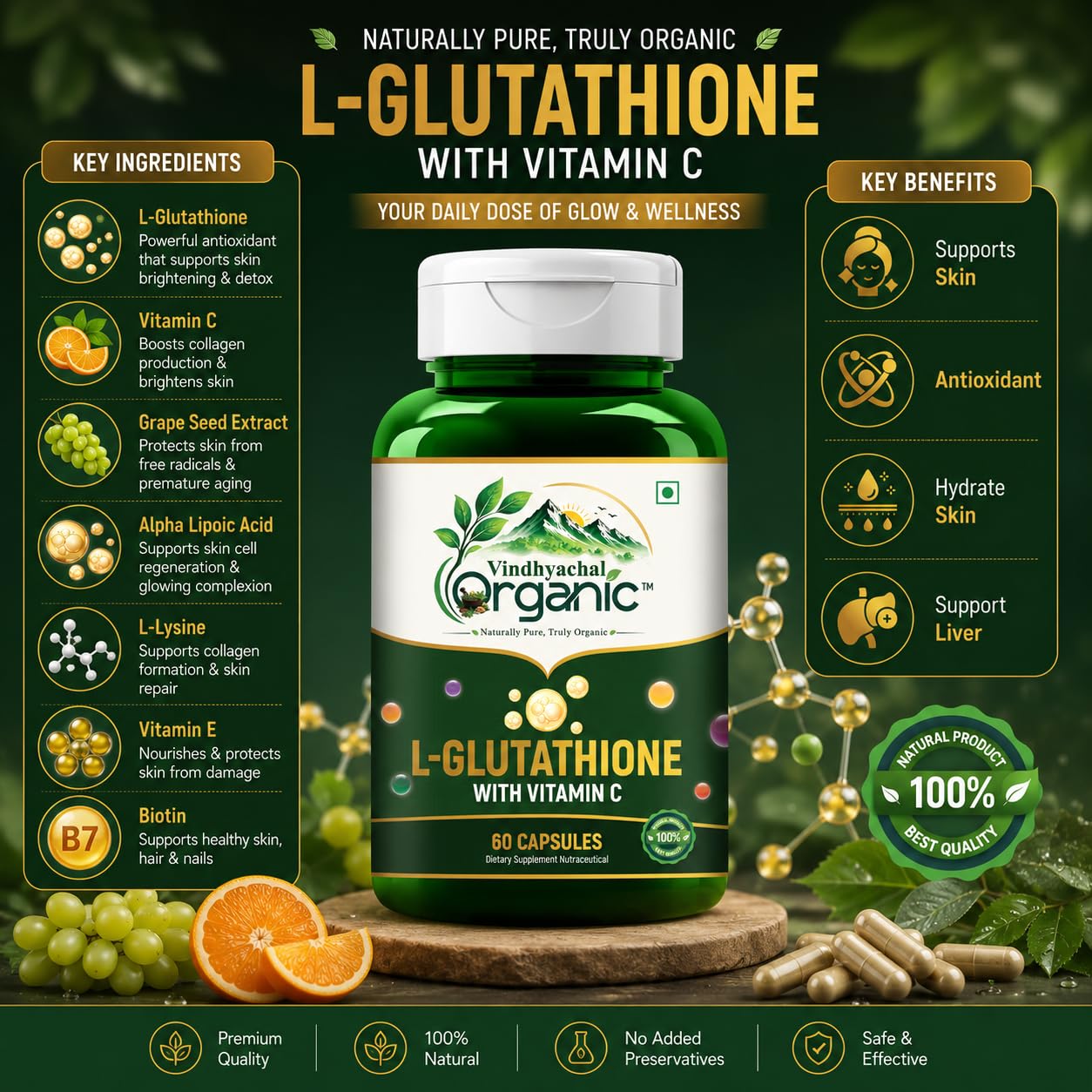 glutathione regenerates vitamins c and e Vindhyachal Organic L-Glutathione with Vitamin Capsules | 500mg L- + Vitamin C, Grape Seed, Alpha Lipoic Acid, L-Lysine, Biotin & Vitamin | Skin Brightening Supplement Office Size:90 Capsules Hot Peptide Summer Is
