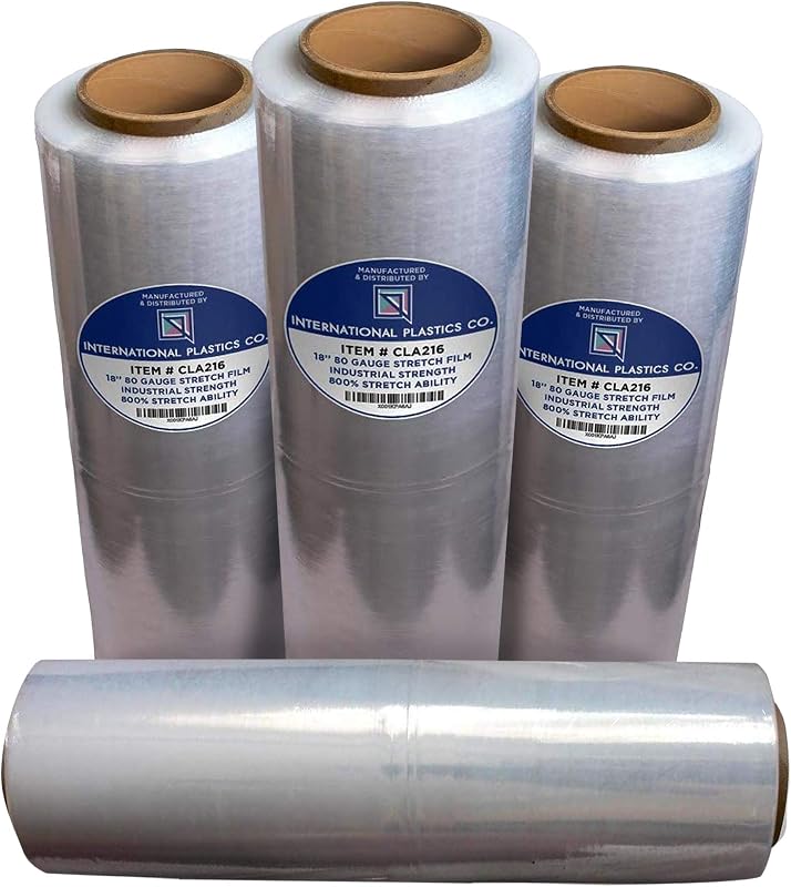 International Plastics Co. 18" Stretch Film/Wrap 1500 feet 80 Gauge, 4 Pack | 7 Layers Industrial Strength up to 800% Stretch 20 Microns Clear Durable Adhering Packing Moving Heavy Duty Shrink Film