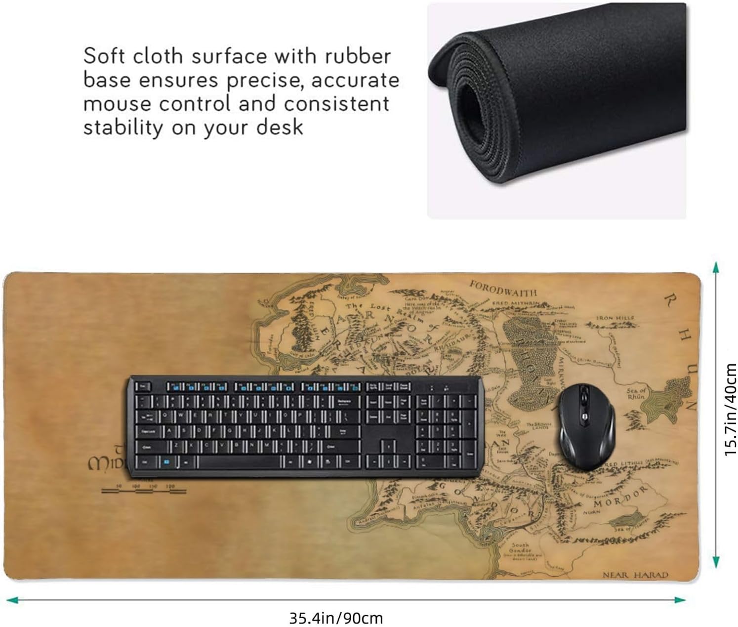 Gaming Mouse Pad, XL Mouse Pad, 35.4" X 15.7" Non-Slip Desk Mat with Stitched Edges, Vintage Middle Earth Map for Computer & Laptop