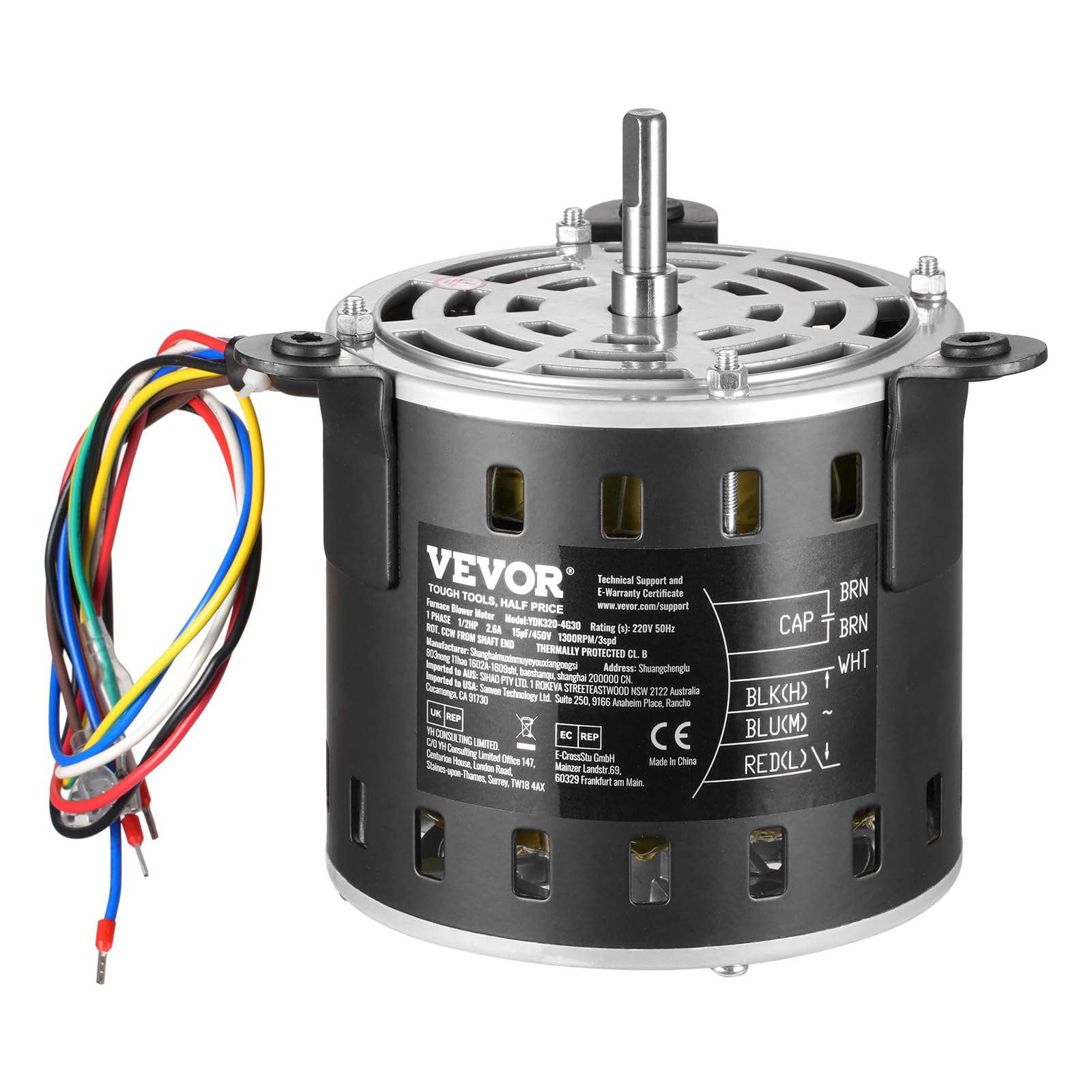 VEVOR Motor de Soplador de Horno de 1/2 HP, 220 V, 2,6 A, 1300 RPM, 3 Velocidades, Diámetro de Eje de 10 mm, Longitud de Eje de 20 mm, Rotación en Sentido Antihorario desde el Extremo del Eje
