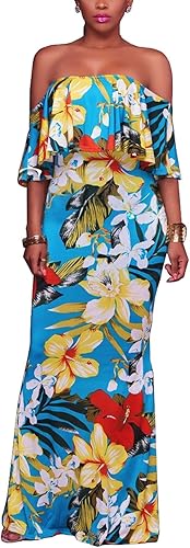 Suimiki Vestido Vintage de Volantes, Liso, Floral Estampado, de Hombros Descubiertos, Bodycon Largo, de Fiesta Maxi