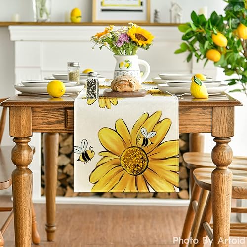 Miniatura 2 de Artoid Mode Camino de mesa de girasol de abeja beige, flores estacionales de primavera y verano, decoración de mesa de comedor para decoración de