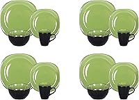 Vista 4 de Juego de vajilla de gres de 16 piezas en forma cuadrada, interior verde brillante y exterior negro mate