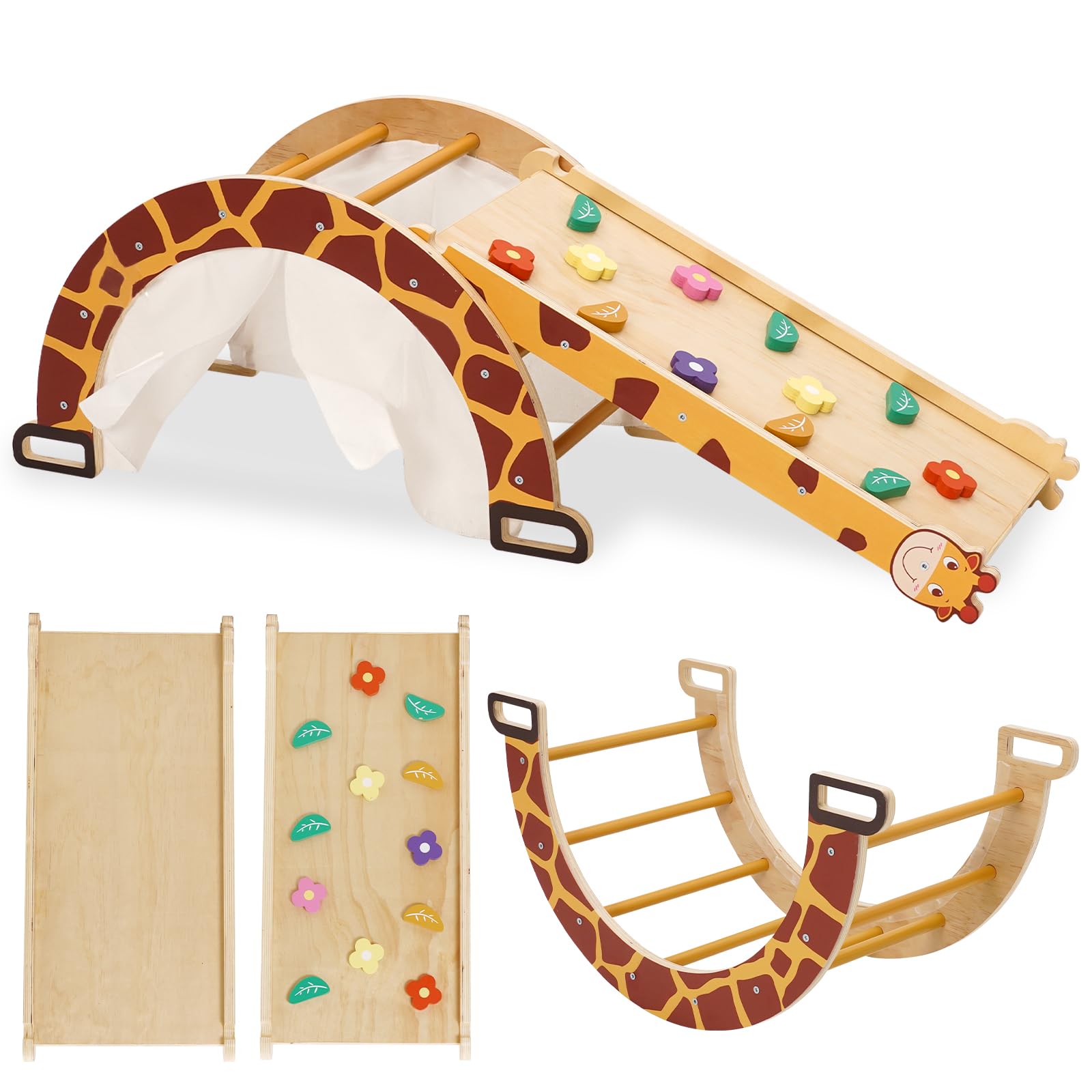 4 en 1 Estructura de Escalada de Interior con Arco, tobogán, Mecedora, Arco de Escalada Montessori 4 en 1 para niños pequeños, Parque Infantil de Interior, Motivo de Jirafa