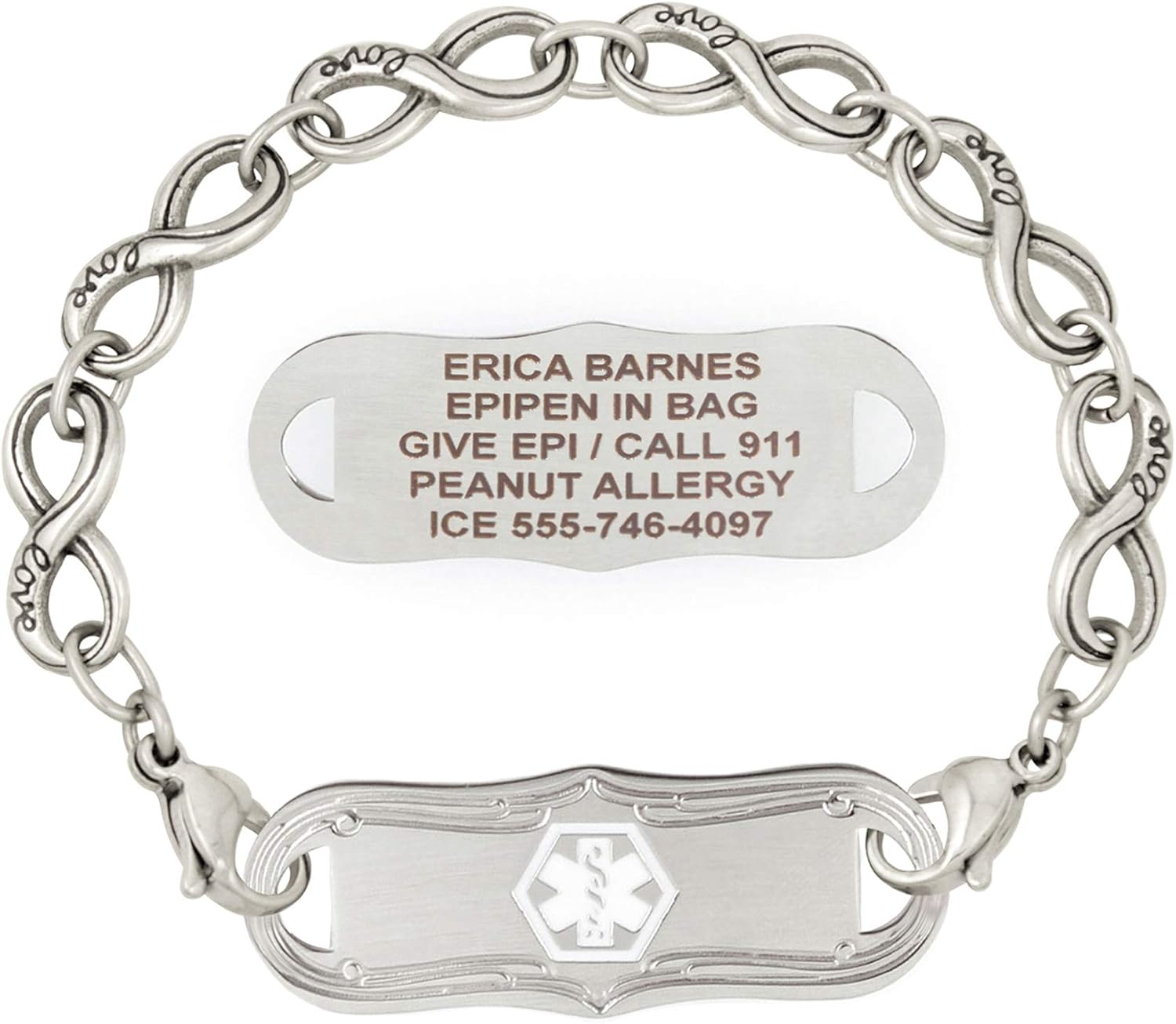 Lauren's Hope - CUSTOM ENGRAVED Stainless Steel Infinity Chain Medical ID Bracelet for Women, Free Engraving - Diabetes, Warfarin, Xarelto, Heart Conditions, Blood Thinners