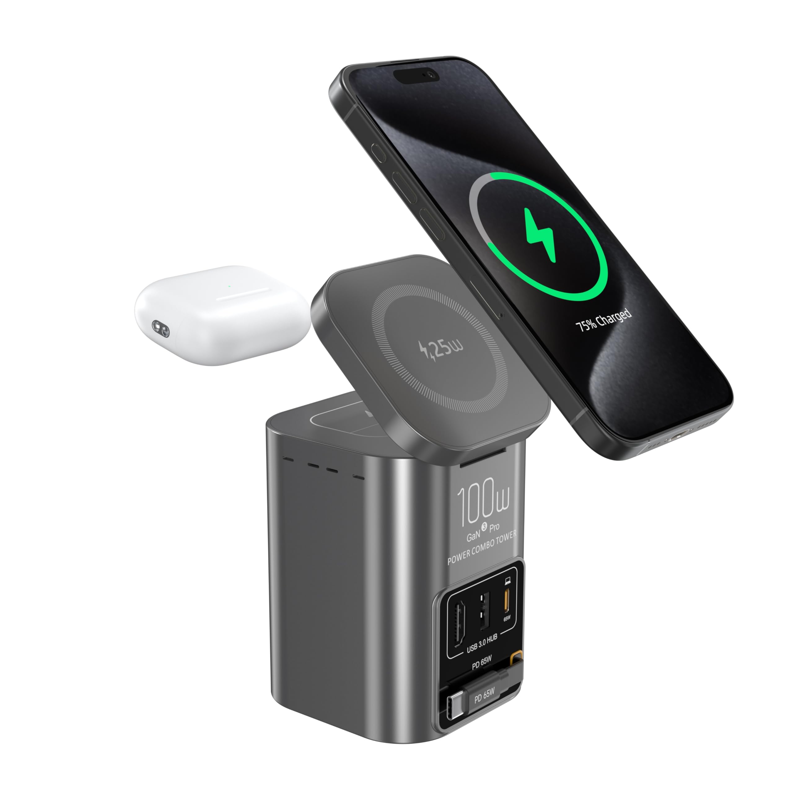 Caricatore USB C 100W da 6 in 1, Stazione di Ricarica con Caricatore Wireless Qi2.2 25W Cavo USB-C Retrattile 65W e Porta USB-C 65W e HDTV 2.1 8K e Hub USB 3.0 per iPhone 17 Samsung Galaxy Laptop ecc