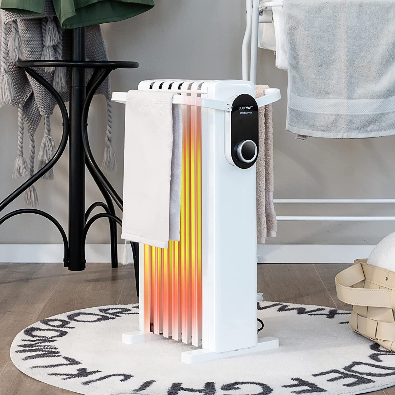 COSTWAY 1500W Radiador Eléctrico de Aceite, Calentador Eléctrico Bajo Consumo, 3 Ajustes de Calor hasta 35°, Estante Plegable para Colgar, Calentador de Bajo Ruido de Interior (Blanco)