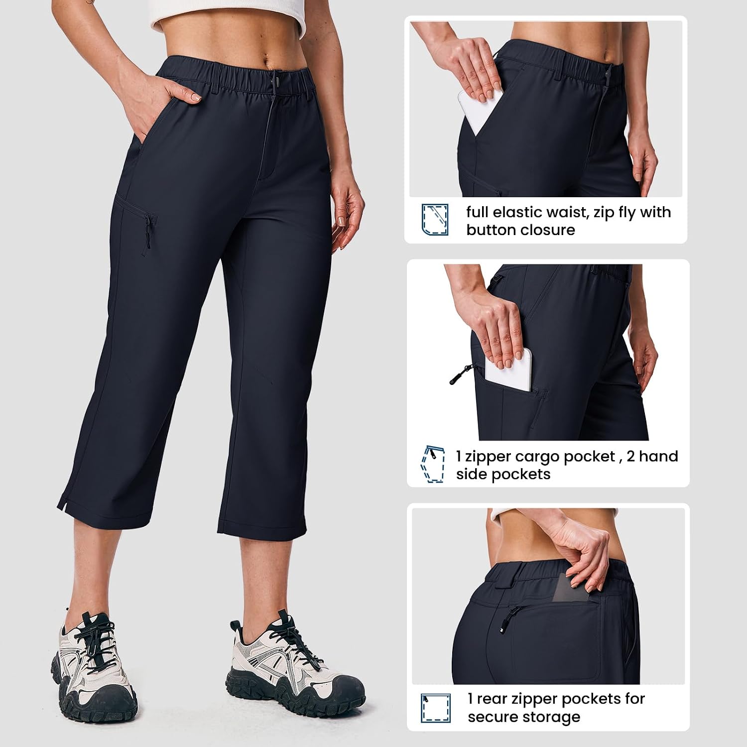 YSENTO Capri Pants for Women with Cargo Zipper Pockets Lightweight Stretch UPF 50 Quick Dry Summer Hiking Capris